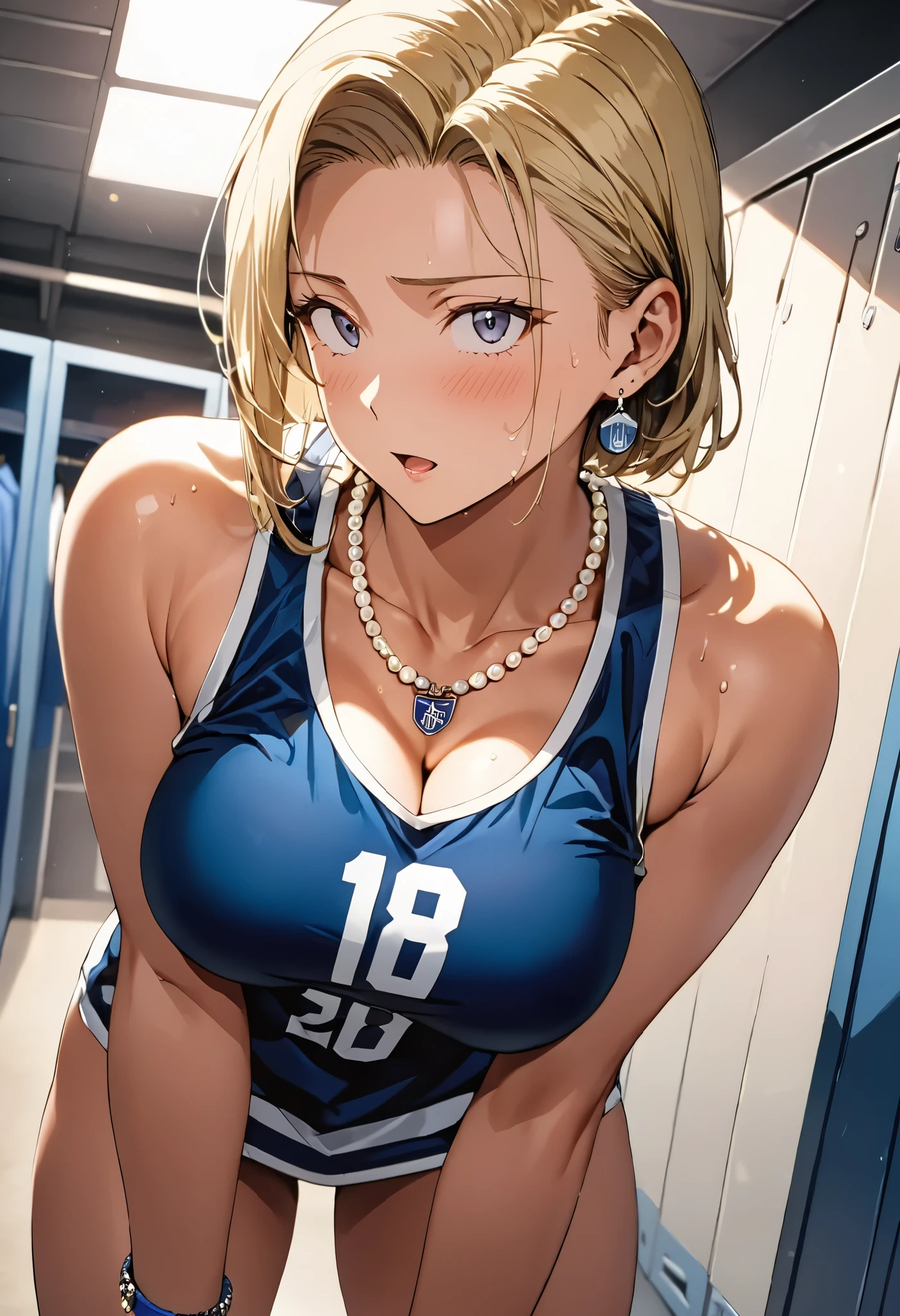 masterpiece, Best Quality, High resolution,16k,official art,super detailed skin,detailed, (Artificial Human Room No. 18),1990s \(style\),(E-cup beautiful breasts), clevage,(tall:1.2),height: 170cm,Fashion model body type,Sweating all over the body,Muscular、((sexy))、(nsfw),Anime-style painting style, blonde,Basketball player、（number 18 basketball uniform）、（Number 18）,Pearl_necklace, bracelet, Short slicked back hair,Earrings,Cinematic lighting,Superfine,locker room,1 girl 、Exposed breasts、shy,blush,ahegao,dynamic angle,looking viewer