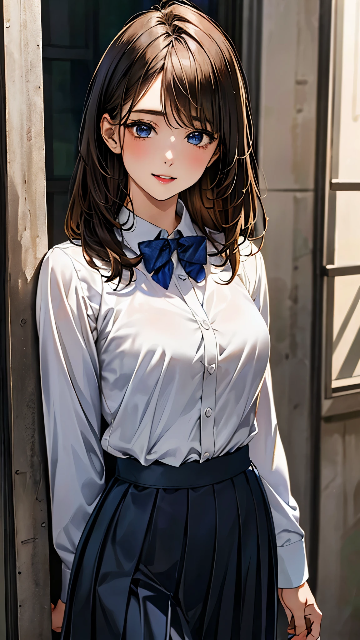 (masterpiece:1.2, top-quality), (realistic, photorealistic:1.4), beautiful illustration, (natural side lighting, movie lighting), depth of fields, 2024s,
beautiful detailed hair, beautiful detailed face, beautiful detailed eyes, beautiful clavicle, beautiful body, beautiful chest, beautiful thigh, beautiful legs, beautiful fingers, shiny skin,
looking at viewer, 1 girl, high school girl, (perfect anatomy, anatomically correct, super detailed skin), cute and symmetrical face, perfect face, perfect eyes, tiny, face,
(middle hair, straight hair, dark brown hair), swept bangs, blue eyes, drooping eyes, long eyelashes, (medium breasts, wide hips, narrow waist, seductive thighs), slender, outstanding style,
(detailed cloth texture, long sleeve white collared shirt, break, navy pleated skirt, break, blue bowtie), break,
(beautiful scenery), autumn, morning, (park:1.2), standing, (pose with movement), (lovely smile, upper eyes, parted lips),