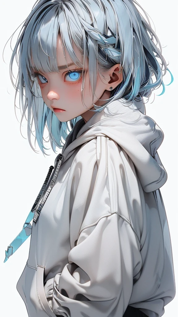   movie poster with young woman as protagonist、 (Silver_hair, blue_hair,two-tone_hair:1.4)、( long hair :1.2)、Dancing Hair、(light blue clear eyes 1 .3)Glare、 Her face has a fixed expression  , (White hoodie:1.3)、( white simple background 1 .4)、Rough, With danger and tension、 Rear shot 、( Short Bang :1.3)、(Glare:1.4)、anger