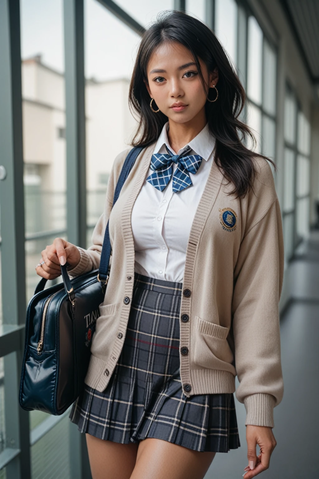 realistic,japanese girl,large breasts,black hair,tanned skin,(adult muscular body),checked skirt,white collared shirt,navy cardigan,ponitail hair,carring tennis bag,