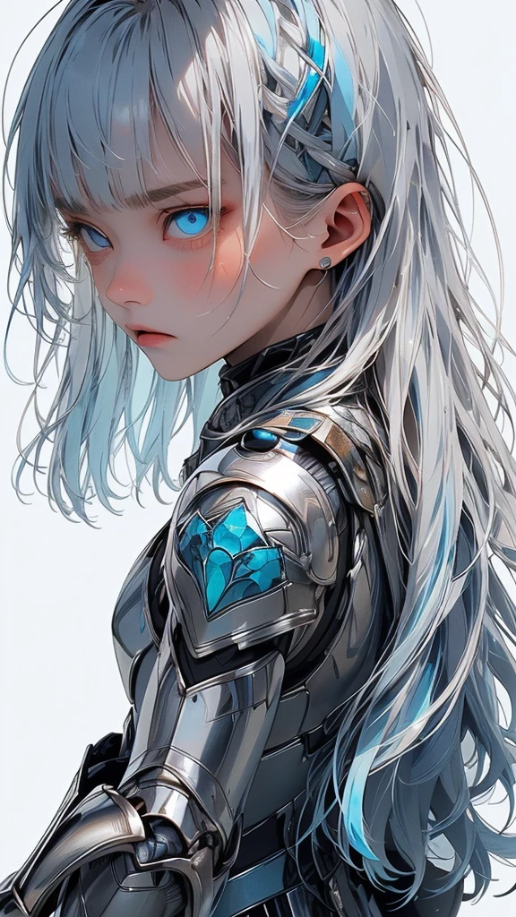   movie poster with young woman as protagonist、 (Silver_hair, blue_hair,two-tone_hair:1.4)、( long hair :1.2)、Dancing Hair、(light blue clear eyes 1 .3)Glare、 Her face has a fixed expression  , (glass armor:1.3)、( white simple background 1 .4)、Rough, With danger and tension、 Rear shot 、( Short Bang :1.3)、(Glare:1.4)、anger