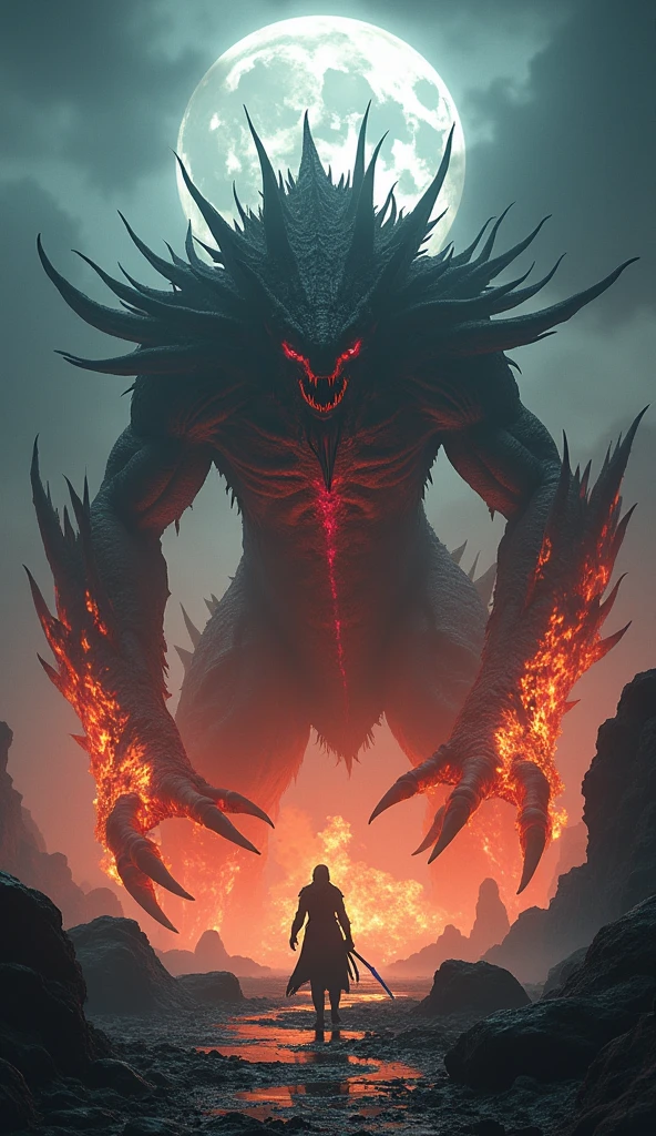 ultra detailed, beautiful and aesthetic, beautiful, masterpiece , mystery , atmospheric , fantastic , supernatural , best quality , cavern , 1 man , 1 demonic monster , very big monster , man killing monster , man has long black hooded robe , he can use magic , monster has very big horn , monster breathe make fire , man has big shining sword , fantasy sword , 4 little monster around the big monster , magma around battlefield , battlefield is in cavern , whole cavern on fire , man's sword is glowing , may cliff and rock in cavern , cavern on fire , (ultra detailed cavern) , (ultra detailed magma) , (ultra detailed man's face) , (ultra detailed sword) , (ultra detailed monster)