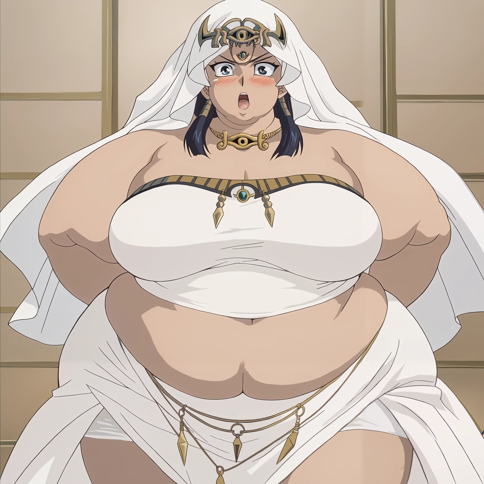 score_9, score_8_up, score_7_up, BREAK source_anime, BREAK II, 1girl, solo, looking at viewer, , eye of horus headpiece, eye of horus necklace, forehead jewel, head scarf, wedding dress, fat, chubby, obese, gigantic arms and legs, large breasts, Ishizu Ishtar, detailed face, perfect quality, detailed eyes, detailed mouth, open mouth,  surprised out of breath, blush, embarrassed