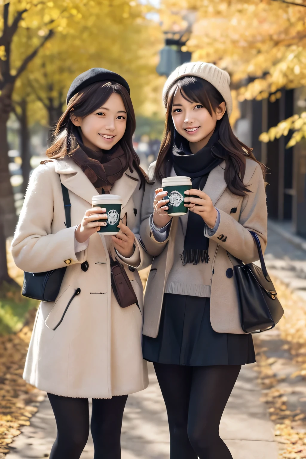 ((masterpiece)), japanese, ((two girls)), smiling, in autumn mountain, (pitch black tights), scarf, Starbucks cup, a line of ginkgo trees, 