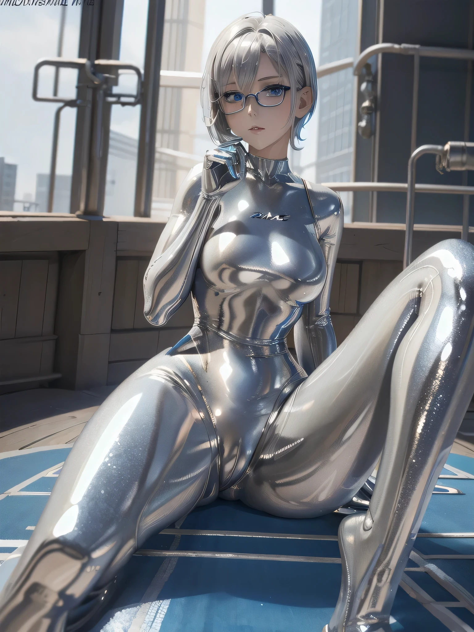 (( best quality)), ((masterpiece)), ( Details), (8k), (UHD), Close-up、 shorthair 、 blue eyes 、 Silver Hair、Glasses、Spread your legs wide、Full body silver metallic enamel suitを着た美女、Full body silver metallic enamel suit