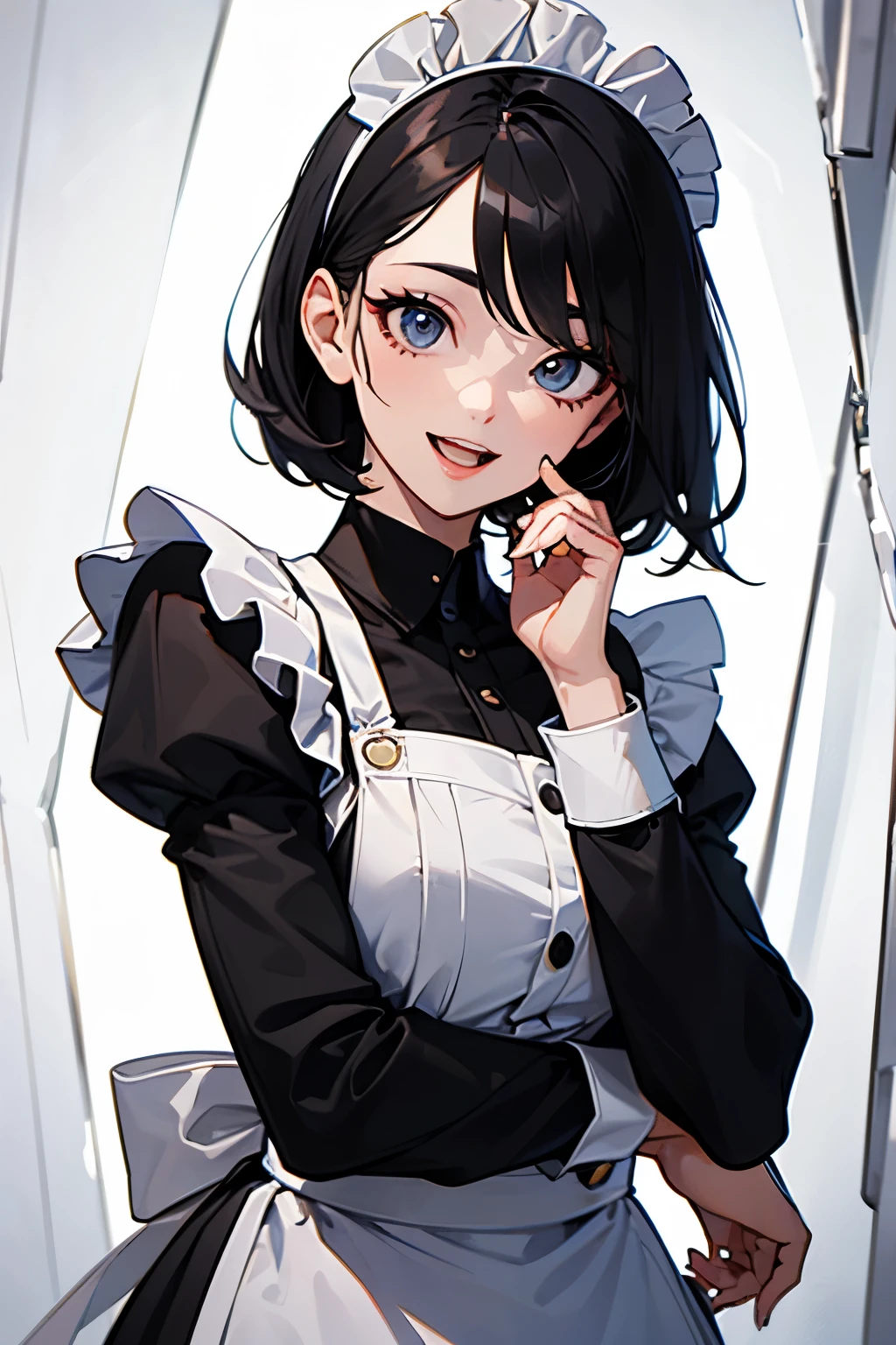 (best quality,4k,high resolution,masterpiece:1.2),detailed eyes,beautiful detailed lips,extremely detailed large eyes and face,long eyelashes, perfect anatomy, 1 maid with short black hair, Europian noble face, tightly fitted outfit,black long-sleeved maid costume,wearing long skirt, wearing white tights, a maid is bowing in front of a glass wall, upper body portrait abobe the knee,beautiful face with smile, open mouth to laugh, large cool eyes, upward gaze,open mouth with joyful feels, feels a confidence expression.