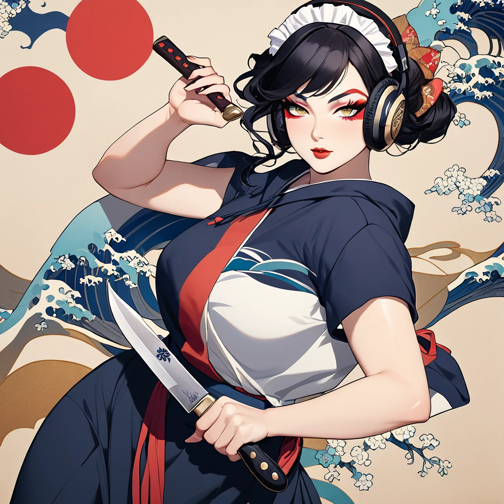 (((1 girl))), (((Flashy makeup))), (((Japanese style headphones))), (((Japanese pattern hoodie, with open breast))), (((Japanese sword))), (((Female samurai))), Japanese beautiful girl, extra big breast ,Black Hair, Delicate and precise, Modern ukiyo-e style, Japanese flag, red and blue neon