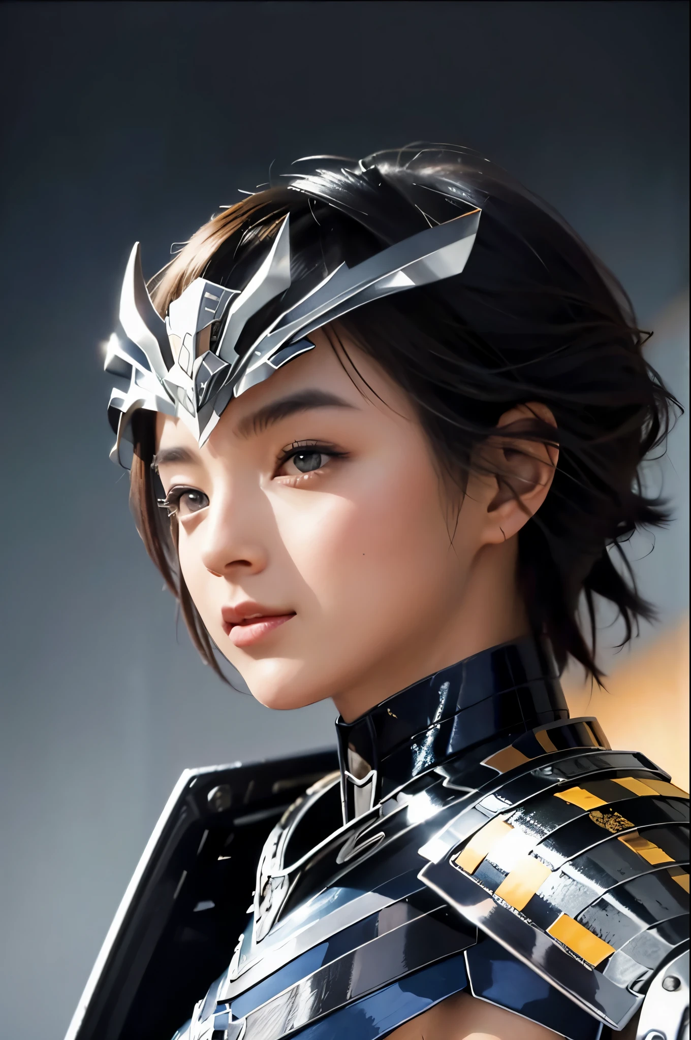  face up 、armor、 arm shield、Kamifu 、 helmet 、portrait、 1 girl、 Photographically, Beautifully detailed face,  simple background, Alone、 small breasts、 short bob hair、 See Who Sees 、front、White background