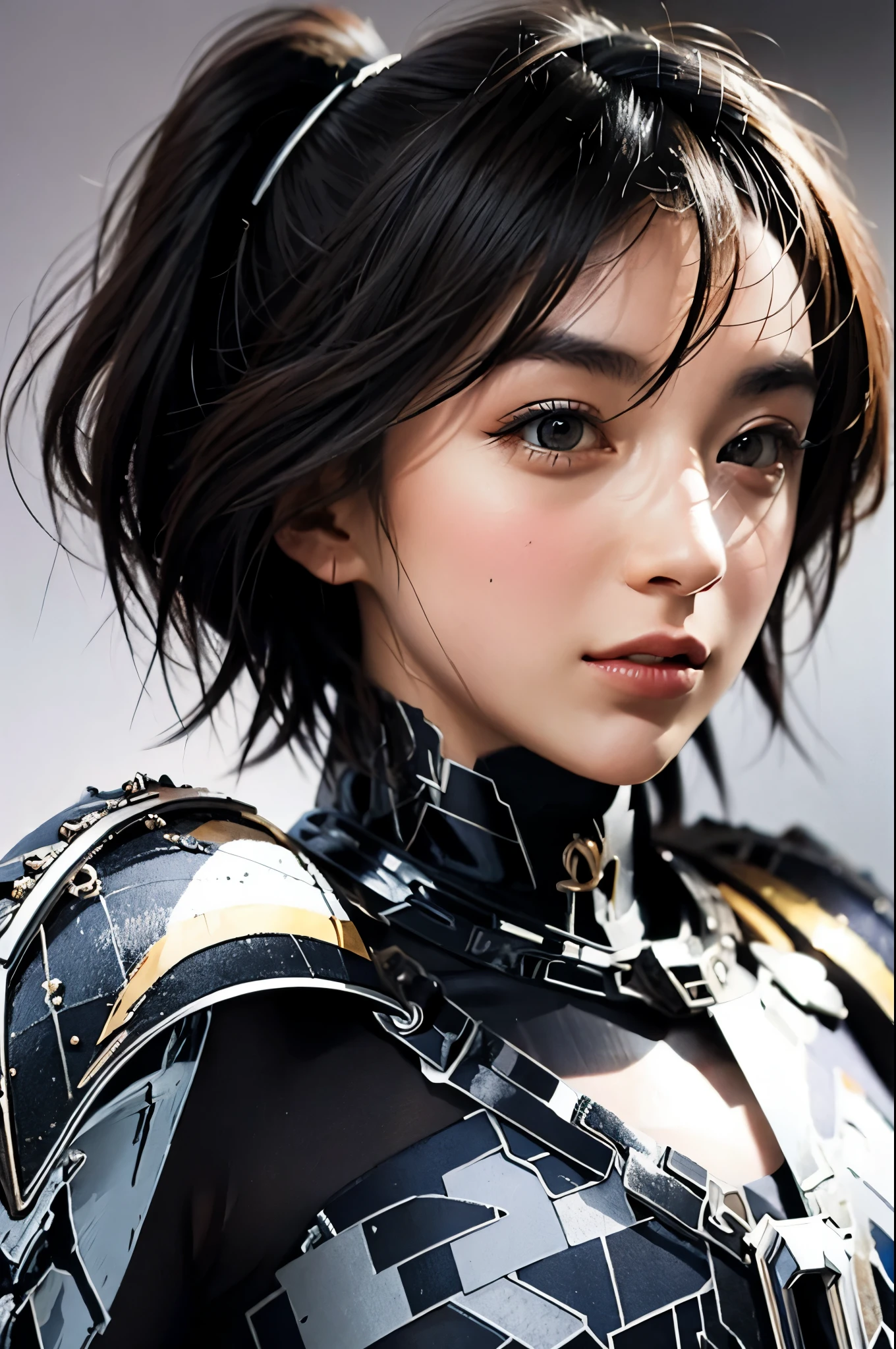  face up 、armor、 arm shield、Kamifu 、 helmet 、portrait、 1 girl、 Photographically, Beautifully detailed face,  simple background, Alone、 small breasts、 short bob hair、 See Who Sees 、front、White background