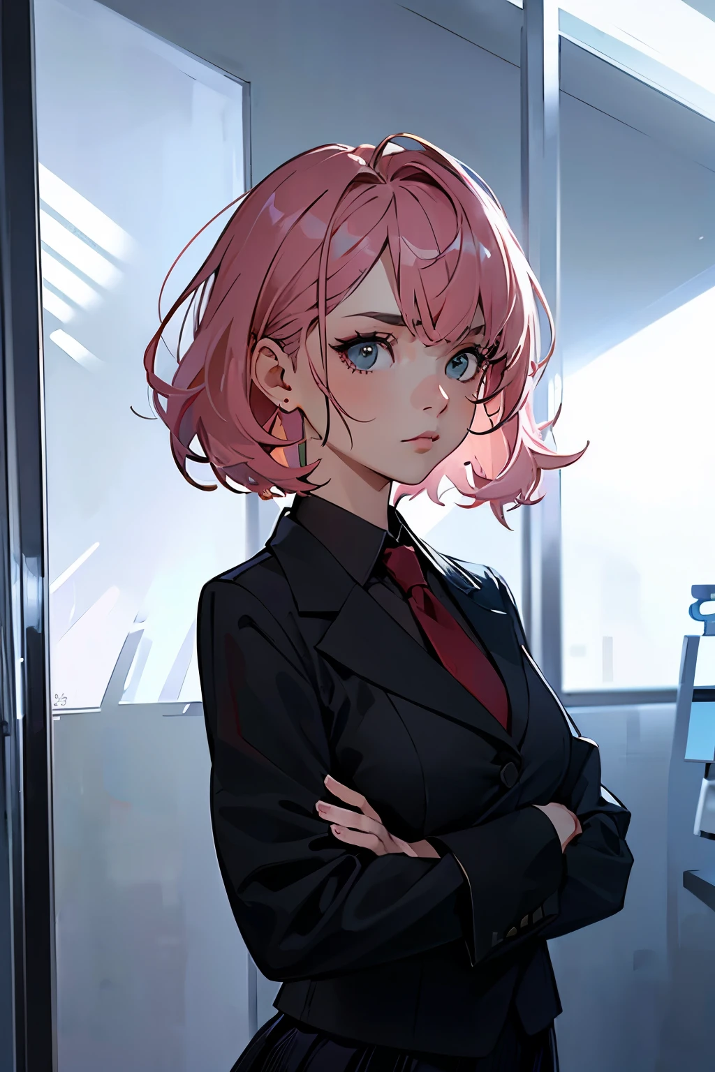 (highest quality:1.2), a 20-years-old girl is standing beside the glass wall, looking an operating room through the glass wall. From side view, Serious face, a photorealistic cute girl, beautiful face,resolute and tense face, European face, noble face, large eyes, beautiful lip,closed mouth, Short-cut pink hair, upper body portrait, wearing black business suits, wearing red tie, wearing black skirt.
