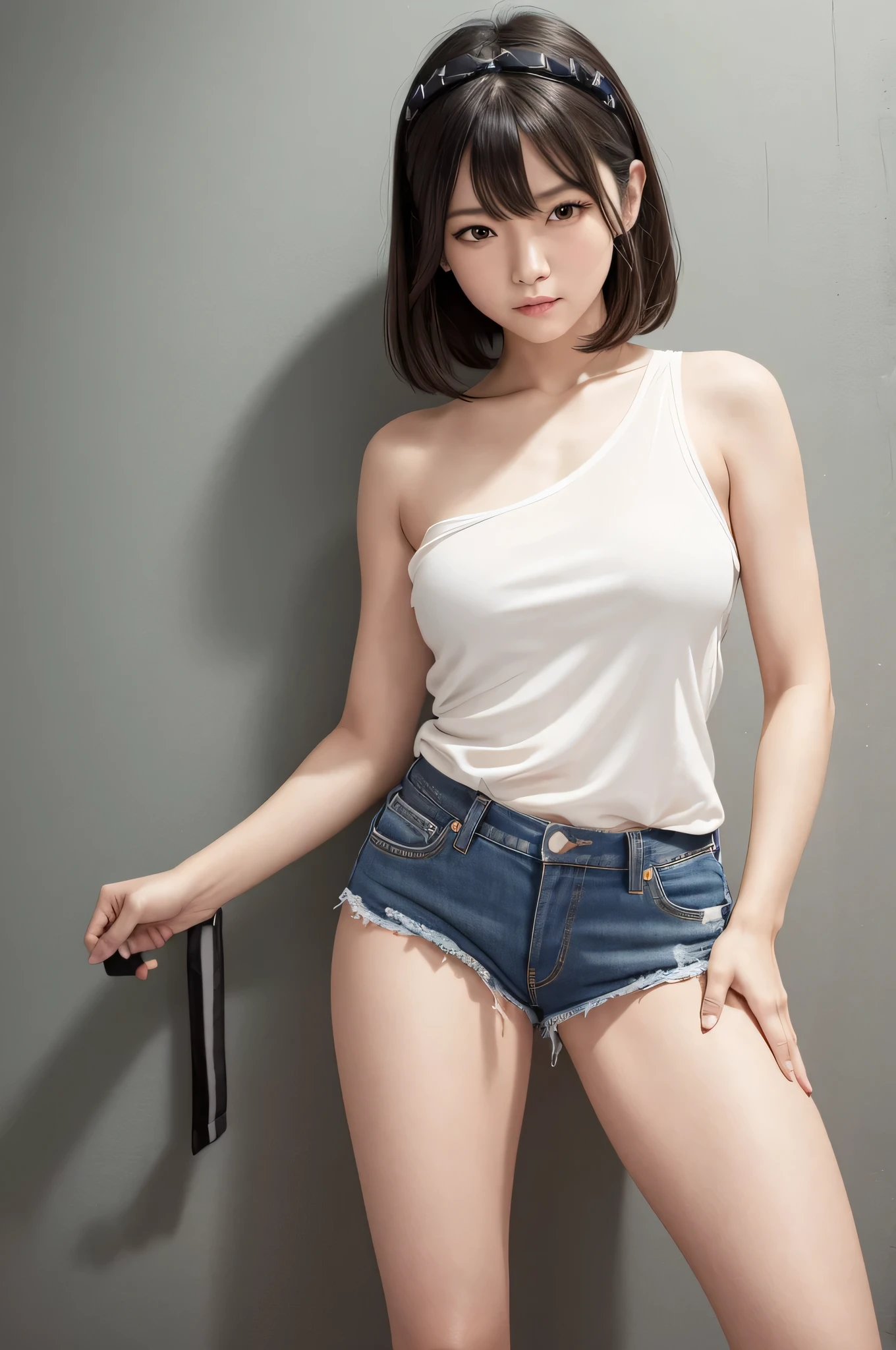 1girl, solo, 19 year old beautiful Japanese woman, towel, breasts, denim, shorts, realistic, covering breasts, navel, covering, denim shorts, short shorts, towel around neck, brown hair, cutoffs, standing, brown eyes, topless, looking at viewer, lips, cowboy shot, indoors, medium hair, long hair, small breasts, black hair