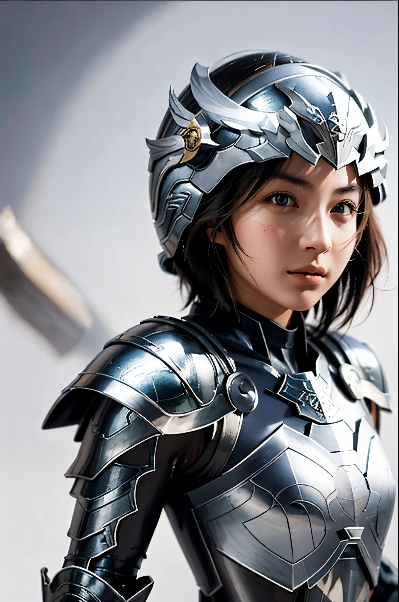  face up 、armor、 arm shield、Kamifu 、 helmet 、 1 girl、 Photographically, Beautifully detailed face,  simple background, Alone、 small breasts、 short bob hair、 See Who Sees 、 shot from the front、White background