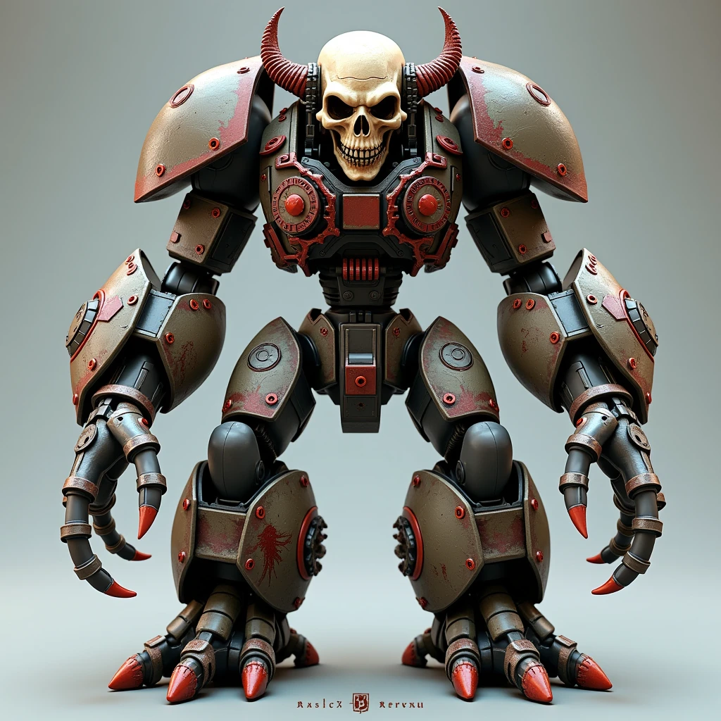 3d rendering, toy, action figure, evil robot, steampunk style internal mech, Cthulhu monster look, demonic form, scary skull face, lower body like a tank, huge demonic skull emblem on top of the tank, full body picture, digital image.