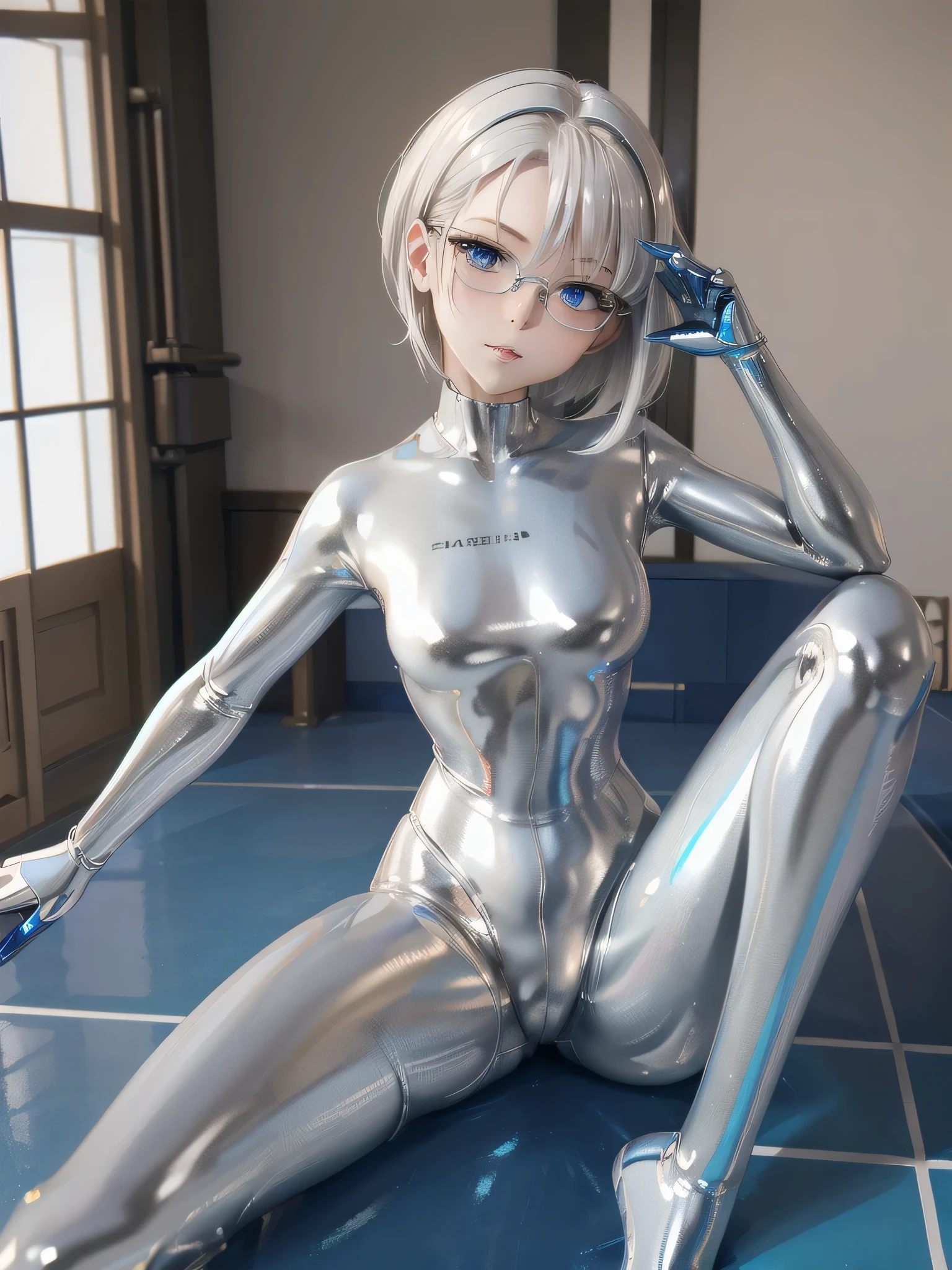 (( best quality)), ((masterpiece)), ( Details), (8k), (UHD), Close-up、 Shorthair、 blue eyes 、 Silver Hair、Glasses、Spread your legs wide、Full body silver metallic enamel suitを着た美女、Full body silver metallic enamel suit