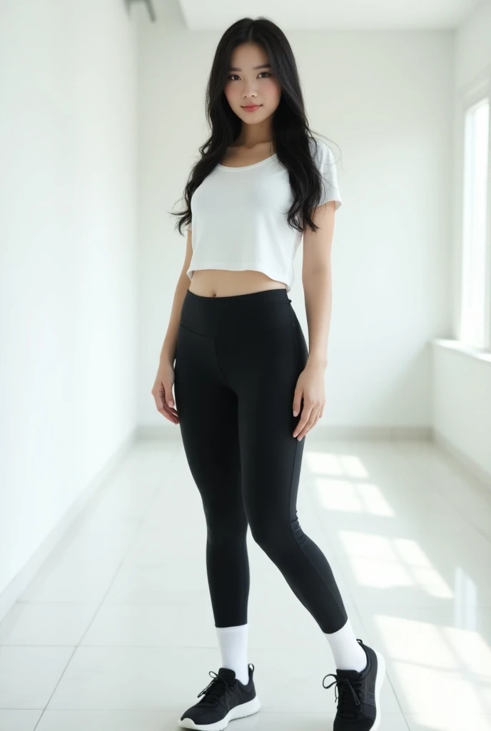 Slim, teen girl, NSFW, tight white cropped tanktop, loose black baggy pants, pants are falling off