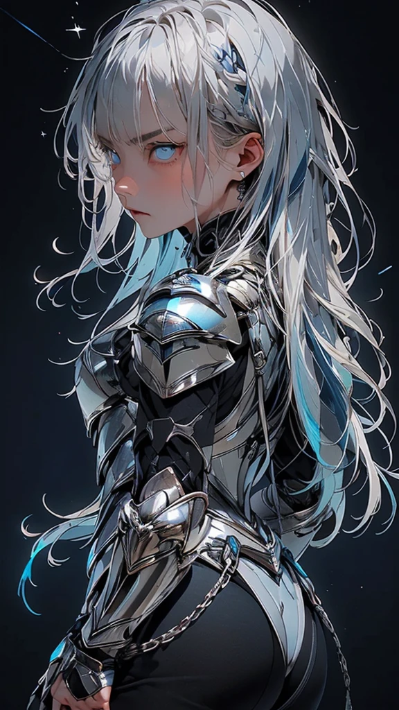   movie poster with young woman as protagonist、 (Silver_hair, blue_hair,two-tone_hair:1.4)、( long hair :1.2)、Dancing Hair、(light blue clear eyes 1 .3)Glare、 Her face has a fixed expression  , (Silver Armor:1.3)、( black simple background 1.4)、Rough, With danger and tension、 Rear shot 、( Short Bang :1.3)、(Glare:1.4)、anger