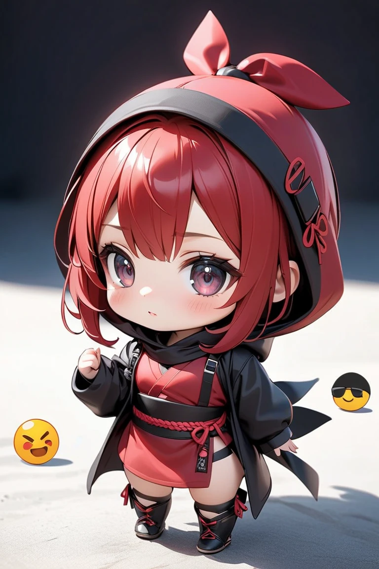  best quality, masterpiece,  Alone,  one girl ,  dark eyes、Ninja costume, (Chibi: 0.6),  Bright Red Hair ,  Emoji, cute, 