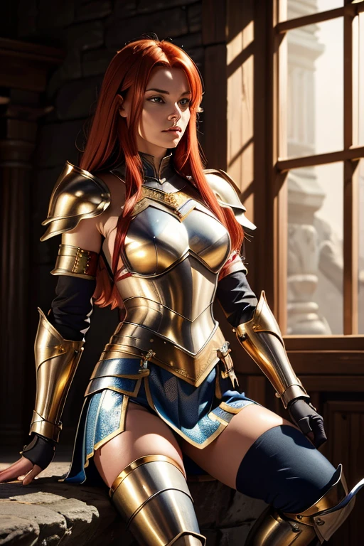 Red-haired warrior, armor, steel breastplate, medieval fantasy, D&d, RPG, sitting, legs spread, red skirt, showing panties, panties appearing, white panties, upksirt, cameltoe, pantyshot, RAW, masterpiece, 8k, ultra realistic, ultra detailed,