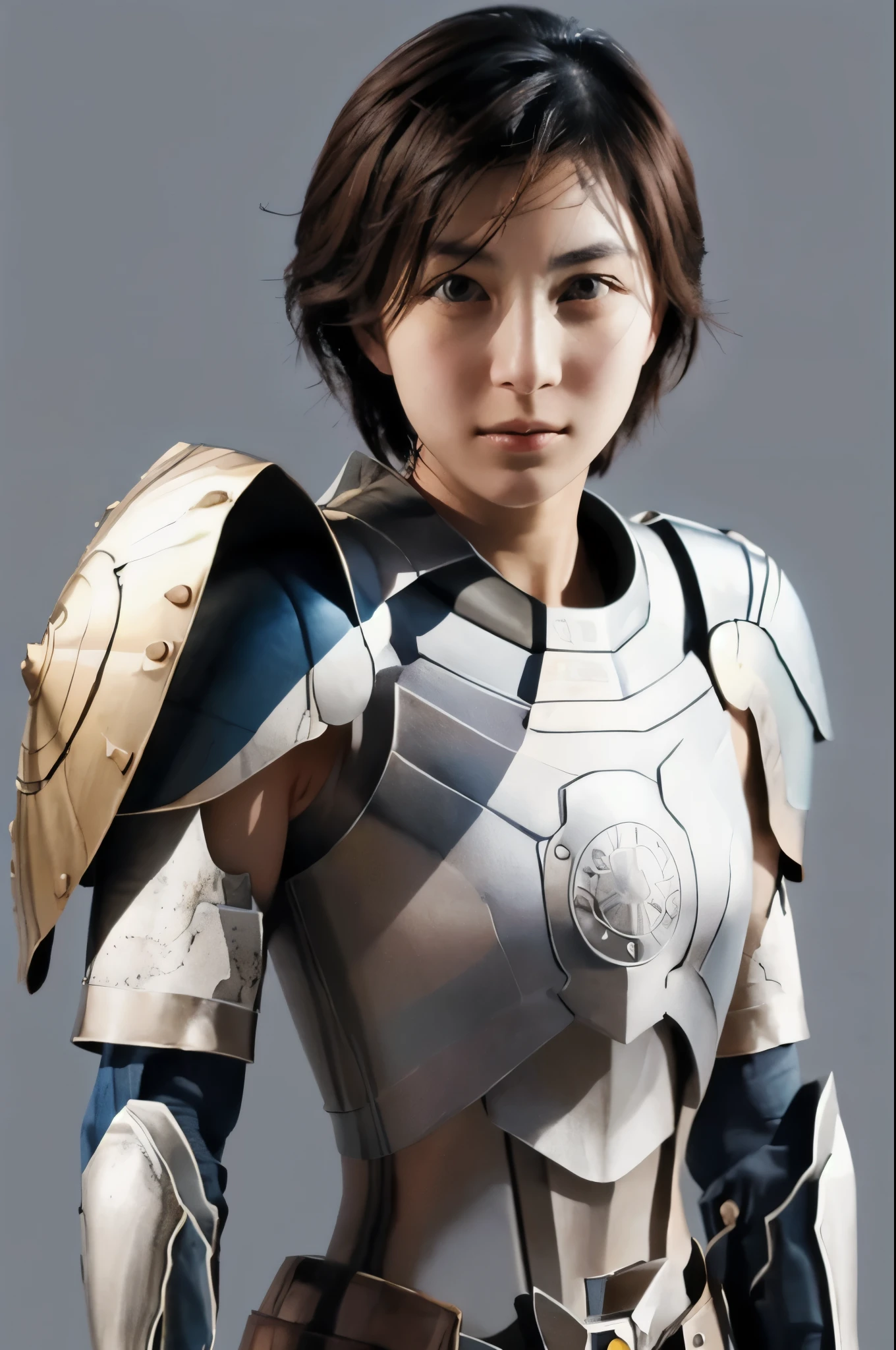  face up 、armor、 arm shield、Kamifu 、 helmet 、 1 girl、 Photographically, Beautifully detailed face,  simple background, Alone、 small breasts、 short bob hair、 See Who Sees 、 shot from the front、White background