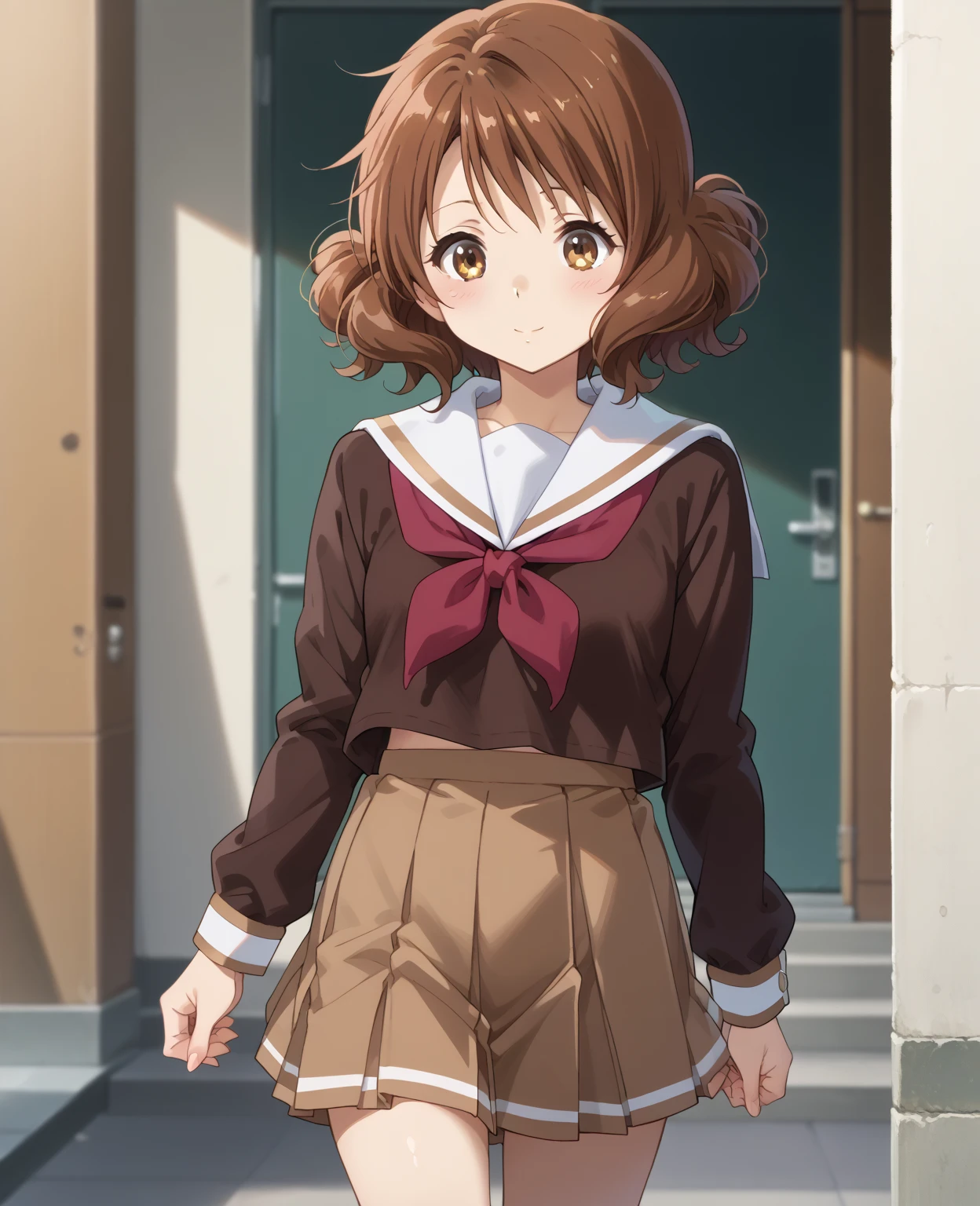 Charming one brown-haired girl 、kumiko oumae (kumiko oumae, brown eyes, brown hair, short hair, wavy hair,)(skirt, shirt, long sleeves, school uniform, pleated skirt,  serafuku, neckerchief, brown skirt, white sailor collar, brown shirt, kitauji high school uniform, red neckerchief,)pregnancy,  sticking forward facing down and chuckle 、The abdomen is large , bulging、前に突き出る、Walking on the sidewalk、stroking belly、Put your hands on、 looking over shoulder。