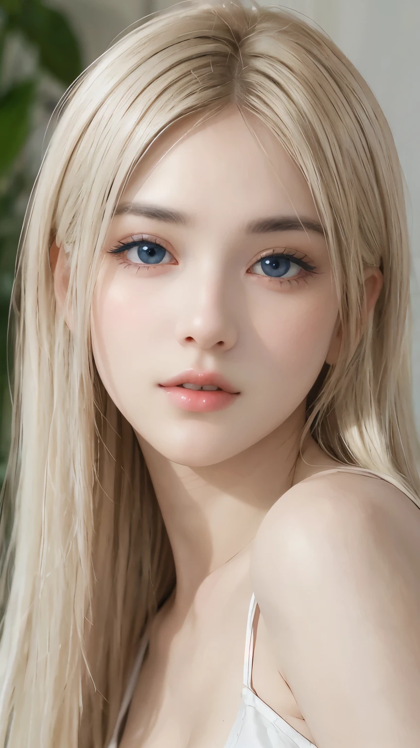 Dressed、(Photorealistic:1.4)、(ハイパーRealistic:1.4)、(Realistic:1.3)、(Smooth lighting:1.05)、(Improved cinematic lighting quality:0.9)、32k、1 Girl、A beautiful woman、Very cute expression、A beautiful blonde girl、bangs that fall on the face、Bangs left over the eyeessy bangs between the eyes and nose、Realistic top lighting、Backlight、Face Light、Super long silky platinum hair、Blonde rays、(Bright light:1.2)、(quality improvement:1.4)、(Highest quality realistic textured skin:1.4)、Very beautiful, detailed, shiny, very bright, mint blue, large eyes、Very big eyes、Detailed face、A careful eye for quality、(Tired, sleepy and satisfied: 0.0)、Face close up、T-Shirts、(Enhances the body line:1.1)、(Enhances the beauty of skin texture:1.1)、Cheek gloss highlighter、Small Face Beauty、Round face、Very white and bright skin