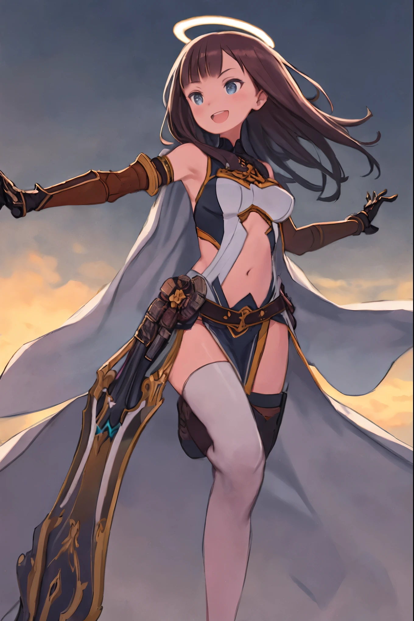 masterpiece, best quality, integrated scenery, integrated background, extremely delicate and beautiful, meticulous details, good composition, , cute face, perfect face, perfect hands, fantasy, 1angel_girl, low_, dark_brown_hair,long_bangs, (dark_skin)+, bare_shoulder, navel out, thighhighs,silver_shiny_armor, white_clothes,waist_armor, Glebe, hold_swords_emits_light, medium_breasts, dynamic_flying_pose,Floating, (1pair_white_wings:1.2),(pelvic_curtain:1.3), silver_Headgear ,looking_down_at_sunset_city_sky_background,,slightly_spread_legs, some_swords_emits_light,some_swords_emits_light_floating_around_the_girl,solo,glare_halo,laugh ,smile,open_mouth,open_legs,open_arms,rise_knee,rise_leg,rise_thigh,rise_leg,forward_leaning_posture,apart_legs,