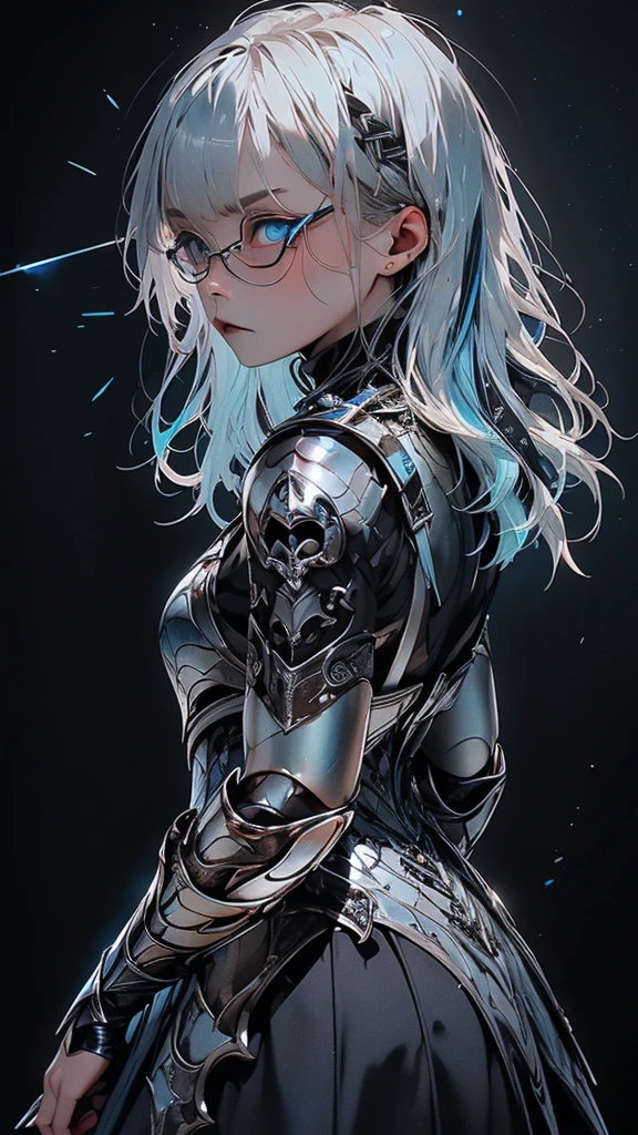   movie poster with young woman as protagonist、 (Silver_hair, blue_hair,two-tone_hair:1.4)、( long hair :1.2)、Dancing Hair、(light blue clear eyes 1 .3)Glare、 Her face has a fixed expression  , (Gothic Dress、Silver Armor:1.3)、( black simple background 1.4)、Rough, With danger and tension、 Rear shot 、( Short Bang :1.3)、(Glare:1.4)、anger