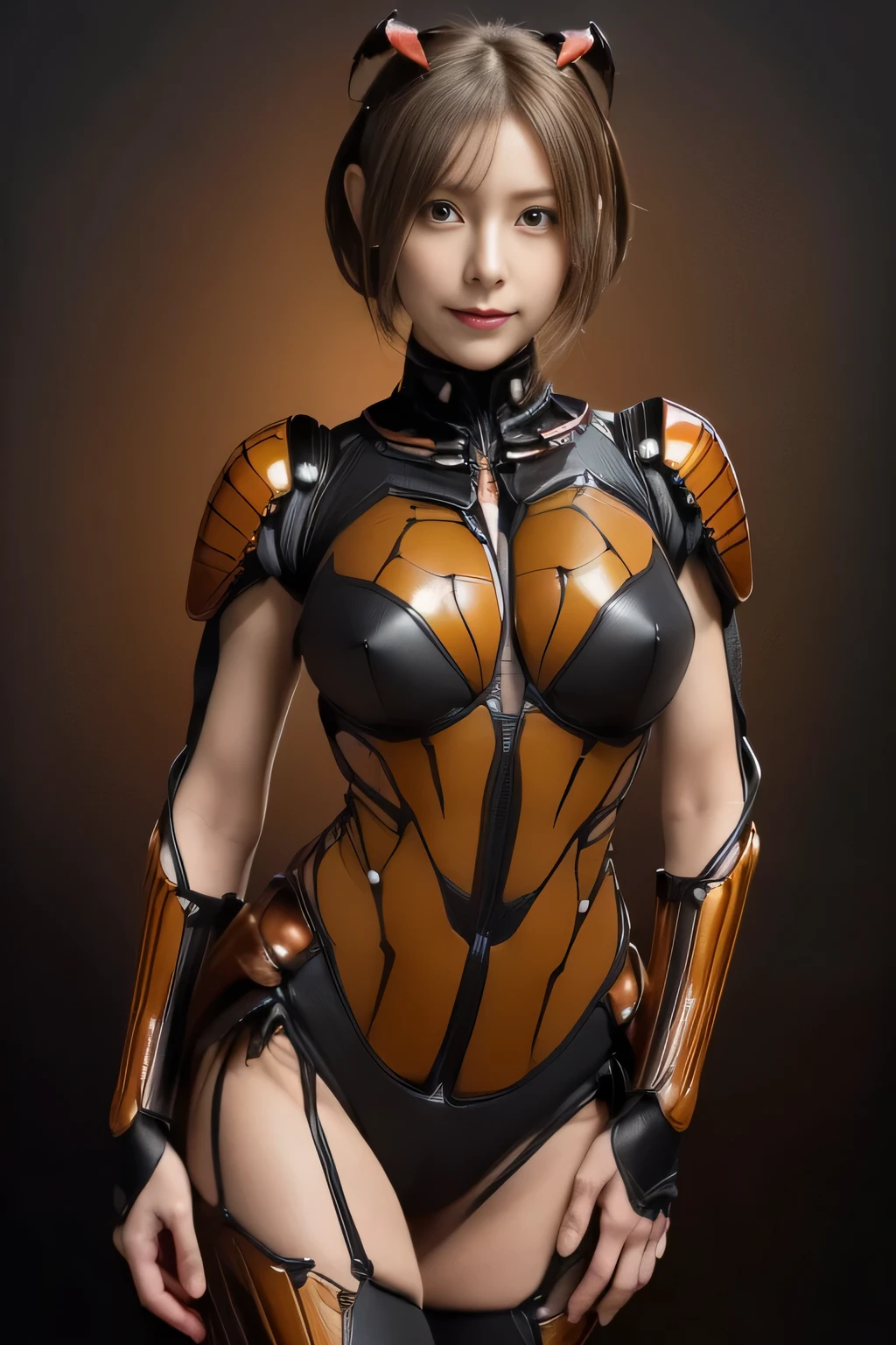 (high resolution,masterpiece,best quality,extremely detailed CG, anime, official art:1.4), realistic, photo, amazing fine details, all intricate, gloss and shiny,awesome many layers, 8k wall paper, 3d, sketch, kawaii, illustration,( solo:1.4), perfect female proportion,villainess, (fusion of dark brown cockroach and lady:1.4), (brown cockroach form lady:1.2), (brown cockroach lady:1.2), (fusion:1.2), (solo:1.4), (evil smile:1.2), muscular, abs, (cockroach brown exoskeleton bio insect suit:1.4), (cockroach brown exoskeleton bio insect armor:1.2), (brown transparency cockroach wing:1.4), (brown cockroach antennae:1.3),