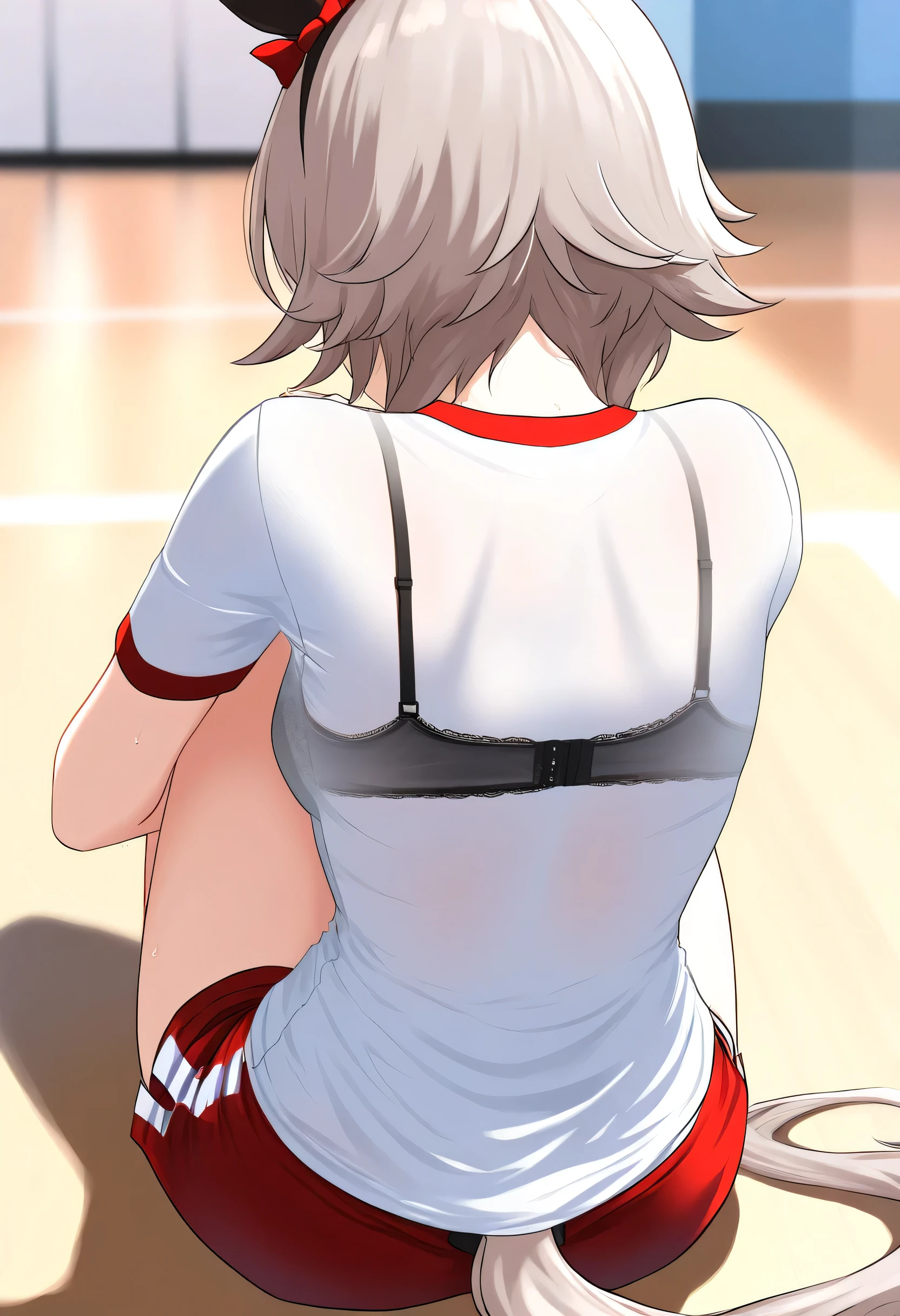 nsfw, ((1 girl)), cowboy shot, gym, umamusume, curren chan, sitting, on floor, hugging own legs, (from behind), (back), back shot, red shorts, (t-shirt), white t-shirt, black bra, (bra visible through clothes), black panty, panty peek, body without discomfort, chest, small curvaceous, small breasts, ((masterpiece)), (best quality), (absurdres), (ultra detailed), (very aesthetic)