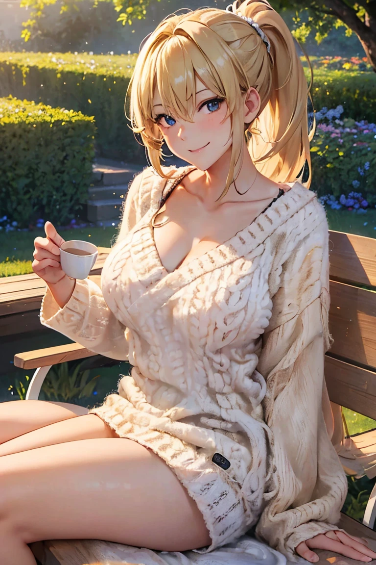 masterpiece,  best quality ,Ultra HD Explained,Full HD,16k, Super resolution , accurate human body,Correct human anatomy, Serene Atmosphere , smile,((Early Afternoon,garden,Wooden bench)),(((( relaxed:1.8)))),  one woman:2.0, watching viewers ,((Blonde,Long Hair_  ponytail_blueのリボン,blueの瞳)),( open your eyes,Tall,Sexy and attractive body _ smiles that invite men far beyond their age :1.5, thin:1.6,Long legs,Beautiful ass) ((Abnormally large breasts_K-Cup_ beautifully shaped breasts )),(((fuzzy sweater_blue))),,German,Colours of the 90s,Wide Angle Upward Shot , Extreme Angle, focus on the chest :1.4,Calm scene.