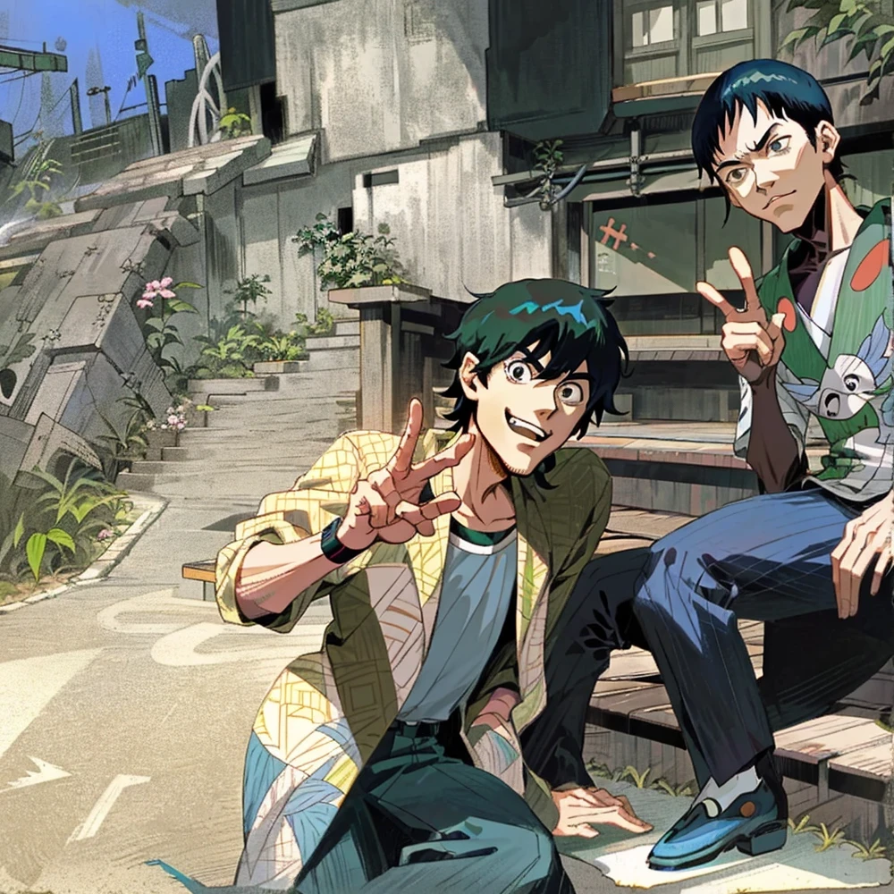 masterpiece, Top Quality, Absurdity, Perfect Anatomy, 1boy, Solo, Shrug \(clothing\), Long sleeve, , Standing, City, Outdoors, Cowboy shot, Smile, Black hair, detailed eyes,