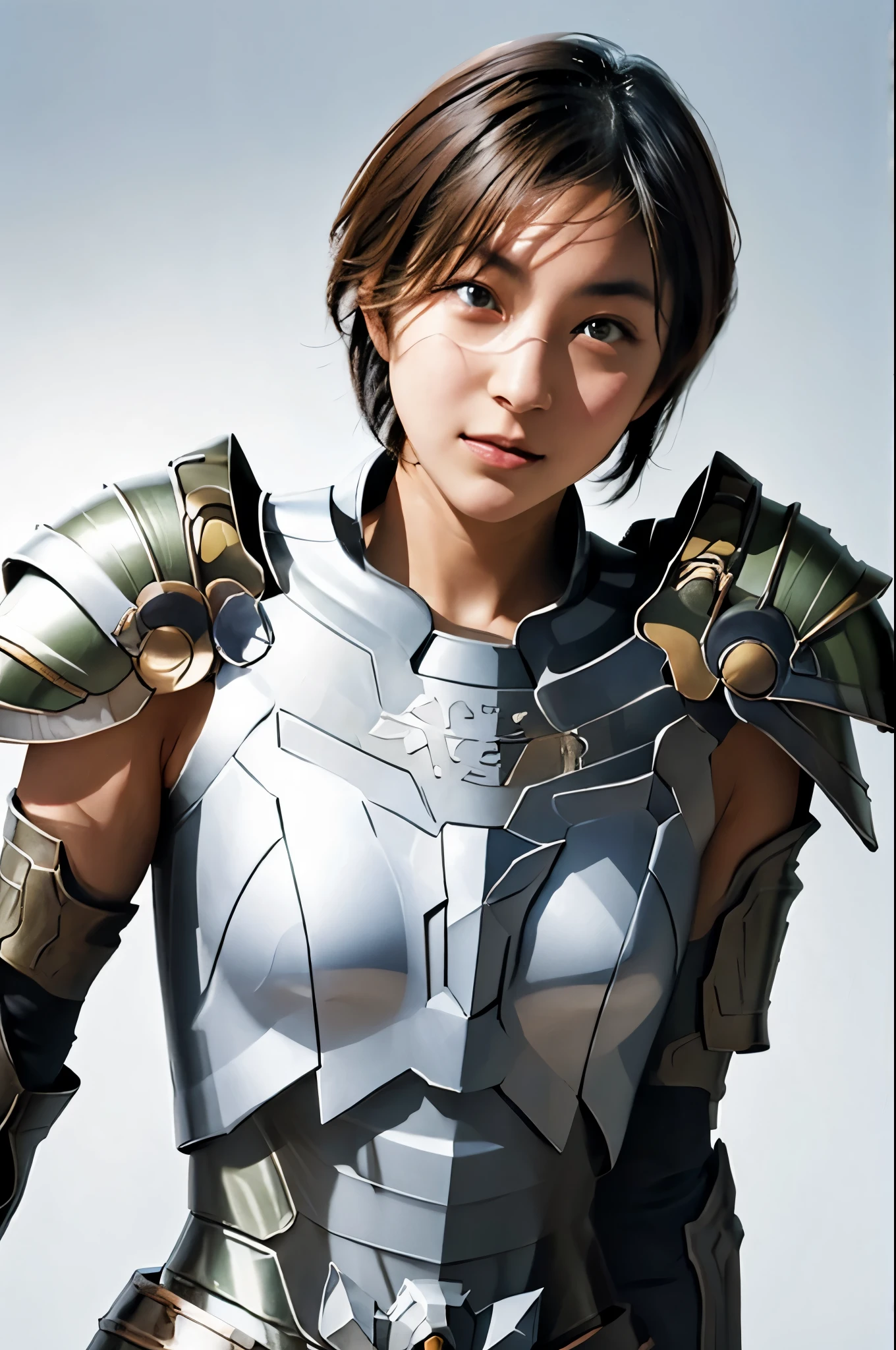  face up 、armor、 arm shield、Kamifu 、 helmet 、 1 girl、 Photographically, Beautifully detailed face,  simple background, Alone、 small breasts、 short bob hair、 See Who Sees 、 shot from the front、White background