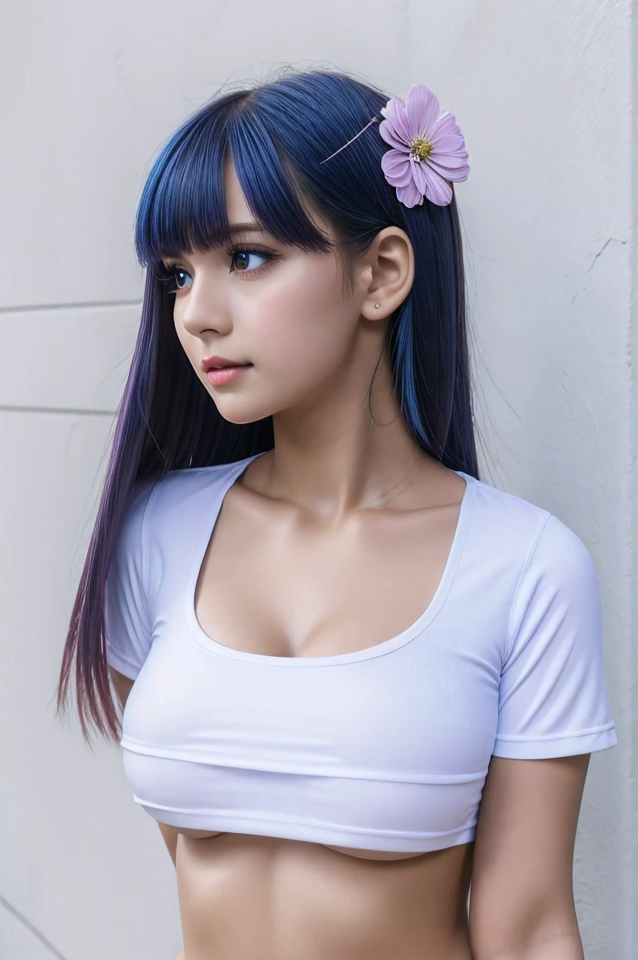 best quality, masterpiece, extremely detailed, detailed background, 1girl, solo, long hair, flower, blue hair, white background, pink flower, simple background, profile, full body, shirt, white shirt, white flower, bow, bangs, purple eyes, leaf, blush, perfect body, slim, nsfw, crop top, underboob, navel, midriff