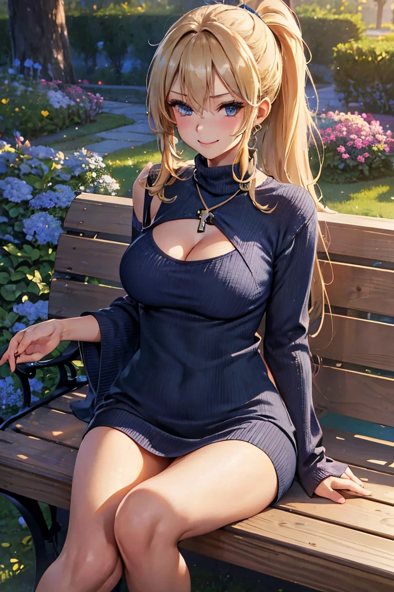 masterpiece,  best quality ,Ultra HD Explained,Full HD,16k, Super resolution , accurate human body,Correct human anatomy, Serene Atmosphere , smile,((Early Afternoon,garden,Wooden bench)),(((( relaxed:1.8)))),  one woman:2.0, watching viewers ,((Blonde,Long Hair_  ponytail_blueのリボン,blueの瞳)),( open your eyes,Tall,Sexy and attractive body _ smiles that invite men far beyond their age :1.5, thin:1.6,Long legs,Beautiful ass) ((Abnormally large breasts_K-Cup_ beautifully shaped breasts )),(((grunge cross sweater dress_blue))),,German,Colours of the 90s,Wide Angle Upward Shot , Extreme Angle, focus on the chest :1.4, serene scene.