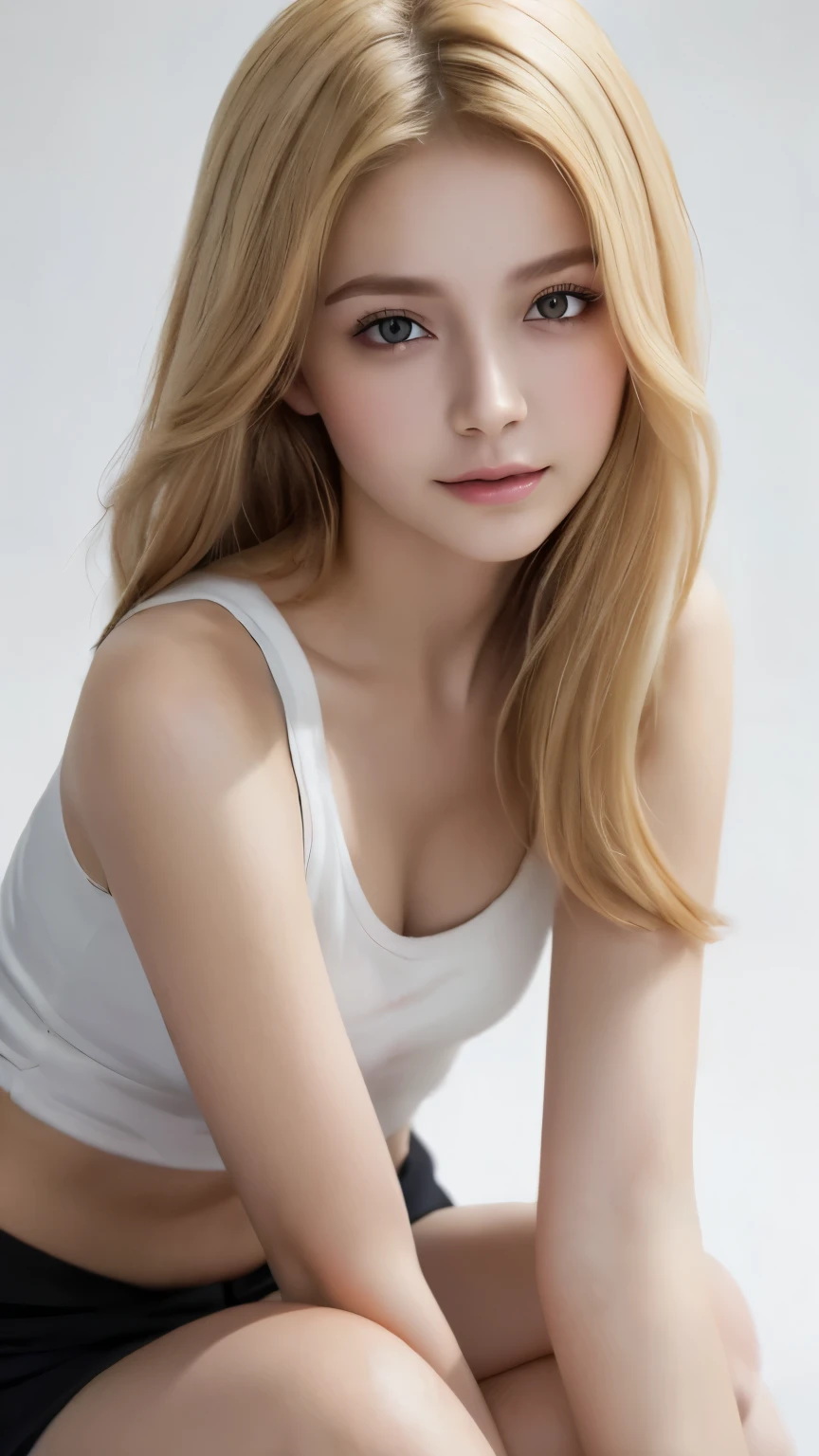 (((Blonde、White background)))、An innocent 18-year-old girl、((White tank top、Blonde、forehead、Dramatic Pose))、smile、Long Hair、White background、RAW Photos、(8k、Highest quality、masterpiece:1.2)、(Exquisite detail:1.4)、(Realistic:1.4)、Octane Rendering、Complex 3D rendering with ultra-detail、Studio Soft Light、Rim Light、Sharp details、Very detailed、Realistic skin texture、detailed aspects、Beautiful details、very detailed CG Unity 16K wallpaper、Compensate、(Detailed Background:1.2)、Shiny skin、((Sit with your legs apart、Top-down angle))