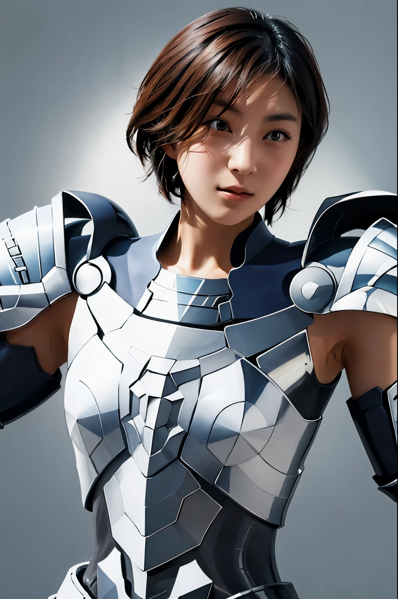  face up 、armor、 arm shield、Kamifu 、 helmet 、 1 girl、 Photographically, Beautifully detailed face,  simple background, Alone、 small breasts、 short bob hair、 See Who Sees 、 shot from the front、White background