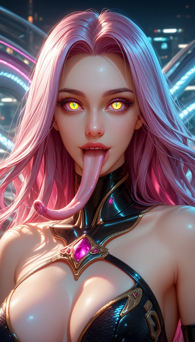 score_9, score_8_up, score_7_up, 1 female medusa alien, A scene from a horror movie, beautiful detailed eyes, A third eye on the forehead, beautiful detailed lips, extremely detailed face and eyes, long eyelashes, (long tongue like a snake:1.2), intricate insect-like features, glowing compound eyes, scythe-like forelimbs, alien carapace, vibrant colors, futuristic sci-fi environment, neon lights, glowing energy field, complex technological architecture, dramatic lighting, cinematic atmosphere, award winning digital art, hyper realistic, 8k, high quality, masterpiece, Bioluminescence, Translucent armor, thespiritde, concept art