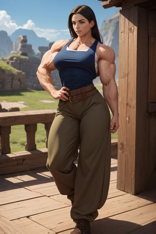 masterpiece, best quality, berserkKale, green hair, muscular female, no pupils, red tank top, red skirt, bracer, midriff, shorts under skirt, looking at viewer, open mouth, furrowed brow, angry, rock formations, standing (((full body))).