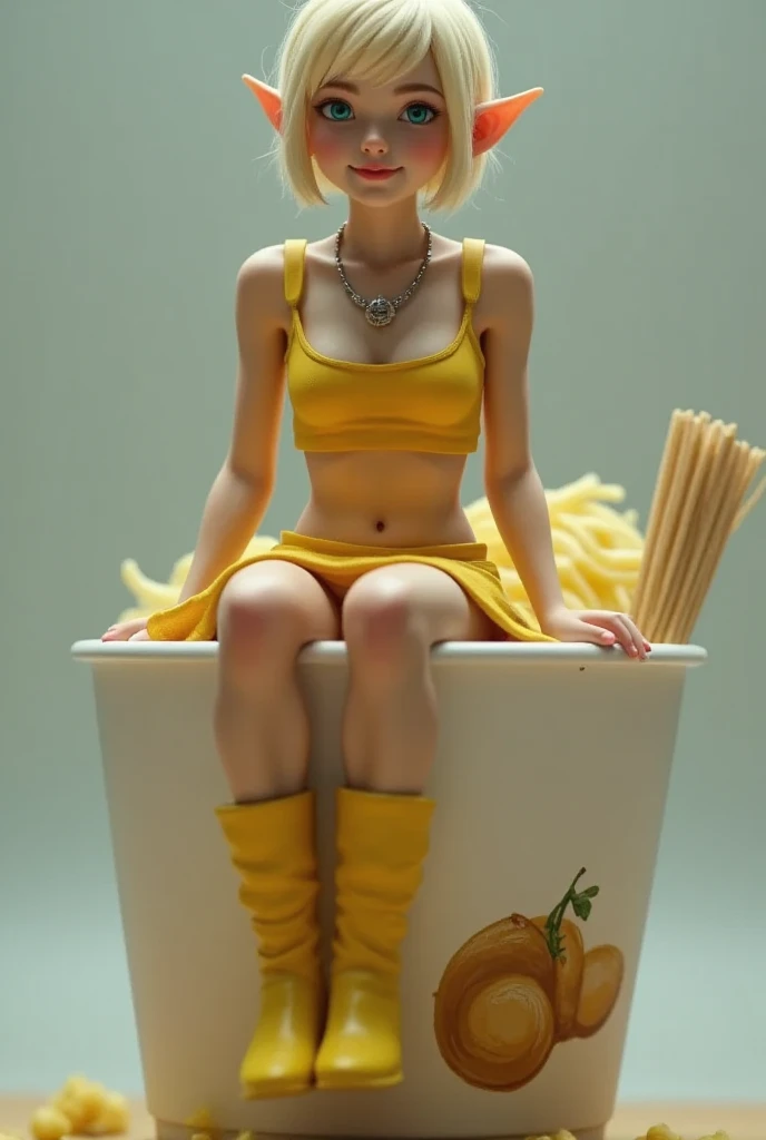 A big Cup noodles with the lid closed, a miniature elf figure sitting on the edge of the lid, blonde pixie cut, azure eyes, Pointy Ears, silver necklace, yellow camisole, yellow mini skirt, yellow short boots, smile, super realistic, Tilt lens photography