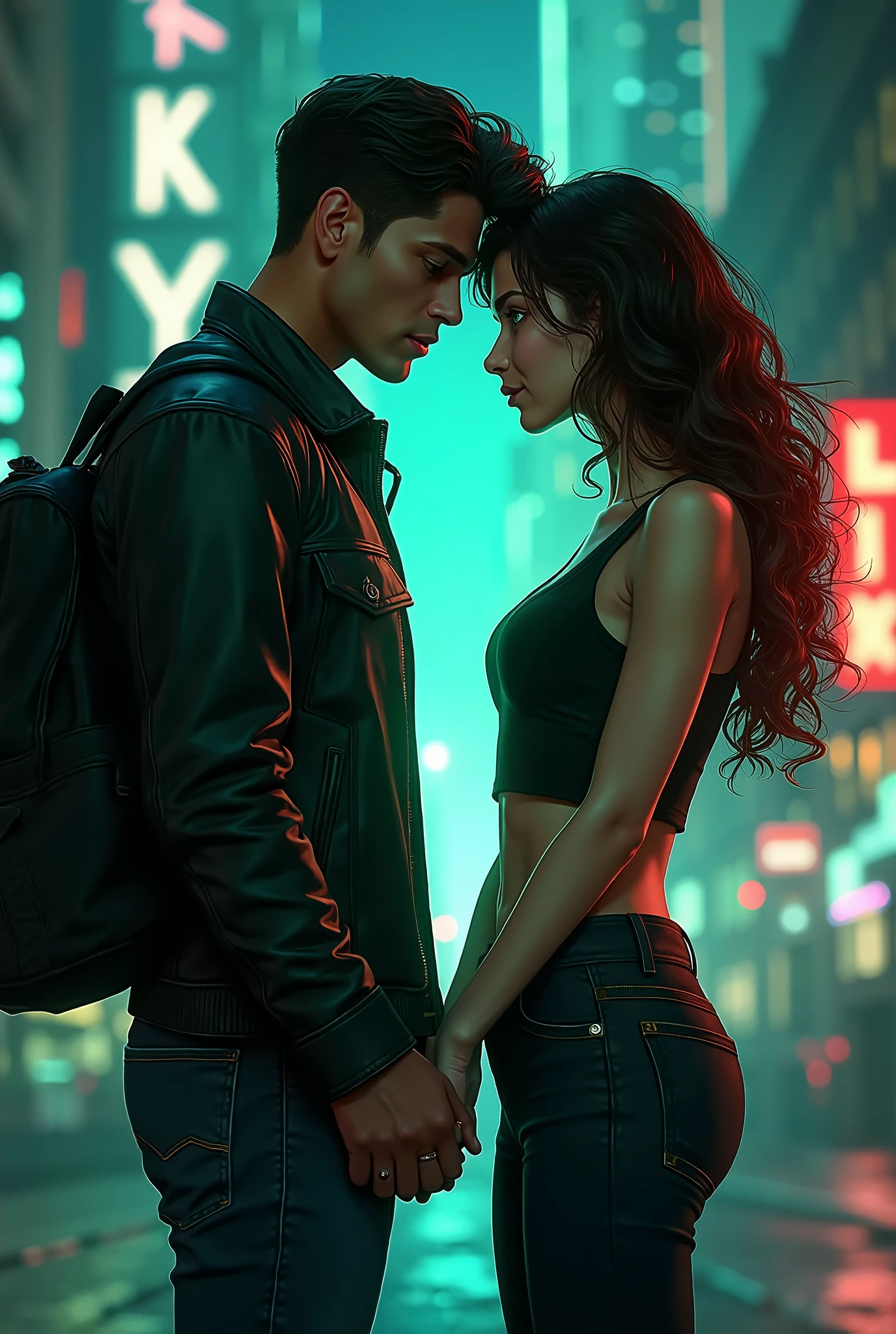 man talking to a woman, man black t-shirt, sitting, cute bar, couple looking at each other, looking at each other, side view, smiles, smiling, looking at each other, both smiling, city, night, sidewalk, beautiful night, cinematic realistic portrait, render 8k portrait, realistic cinematic photo, realistic face moody lighting, ultra realistic image, unreal motor character art,  ultrarealistic 8k cyberpunk art, cinematic, photorealistic art style, an ultra realistic, detailed portrait shot, handsome man, 8k portrait shot portrait --auto