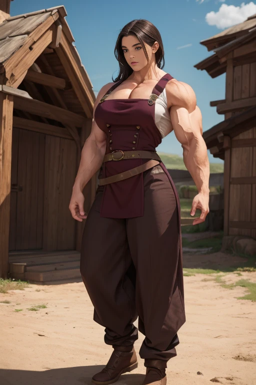 woman smith, baggy pants, muscular woman, extremely large bulging muscles, lovely face, medieval fantasy setting, long cotton pinafore, broad muscular shoulders