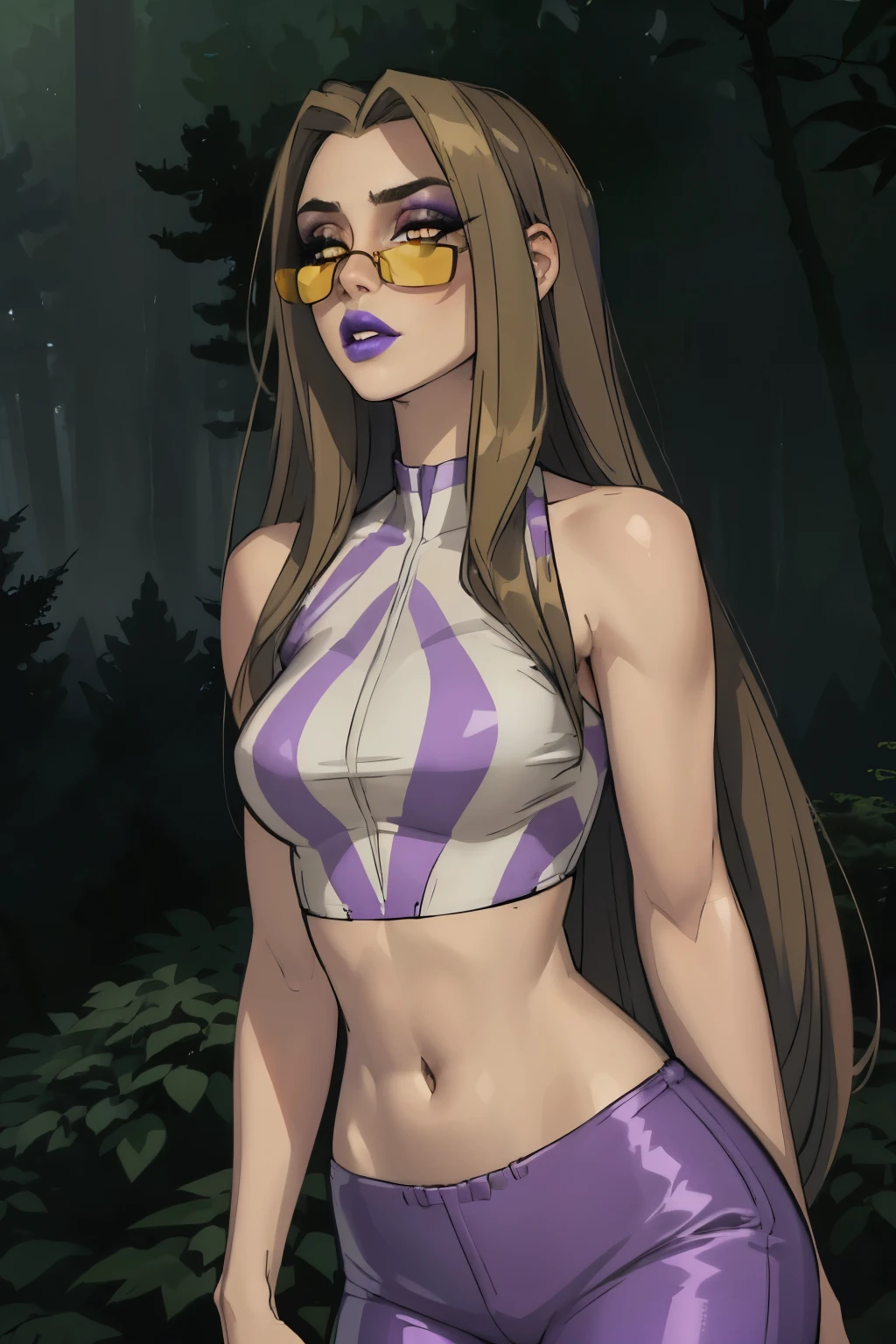 (Darcy), yellow eyes, brown hair with blonde streaks, very long hair, (CasualOutfit), (purple eyeshadow, purple lips, crop top, purple pants, boots, sunglasses), (solid forest background, forest background:1.5), (realistic:1.2), (masterpiece:1.2), (full-body-shot:1),(Cowboy shot:1.2), neon lighting, dark romantic lighting, (highly detailed:1.2),(detailed face:1.2), (gradients), colorful, detailed eyes, (detailed landscape:1.2), (natural lighting:1.2), Close shot, Alone,