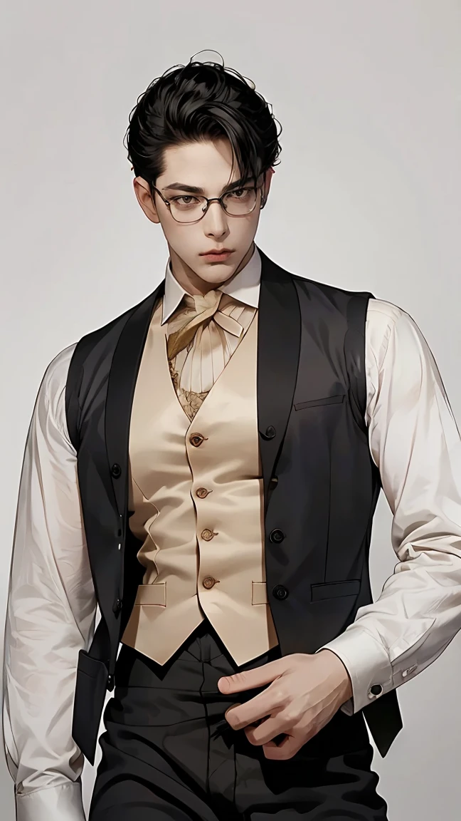 Middle Ages,  full length, character, 1 Male, Middle Age, One, thin, (((nobleman's clothes , shirt with vest and black loose pants))),  Short hair,  Black hair, European, gentle, thin shoulders ,  thin legs and very high ,  with round glasses , adult , white background ,  Looking at the viewer ,  stands straight 
