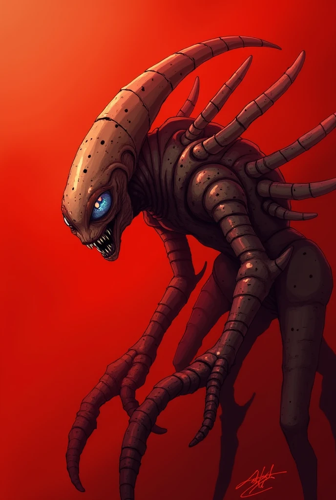 create a scary realistic big alien,pink and flesh color,with 4 legs,sharp teeth and big eyes