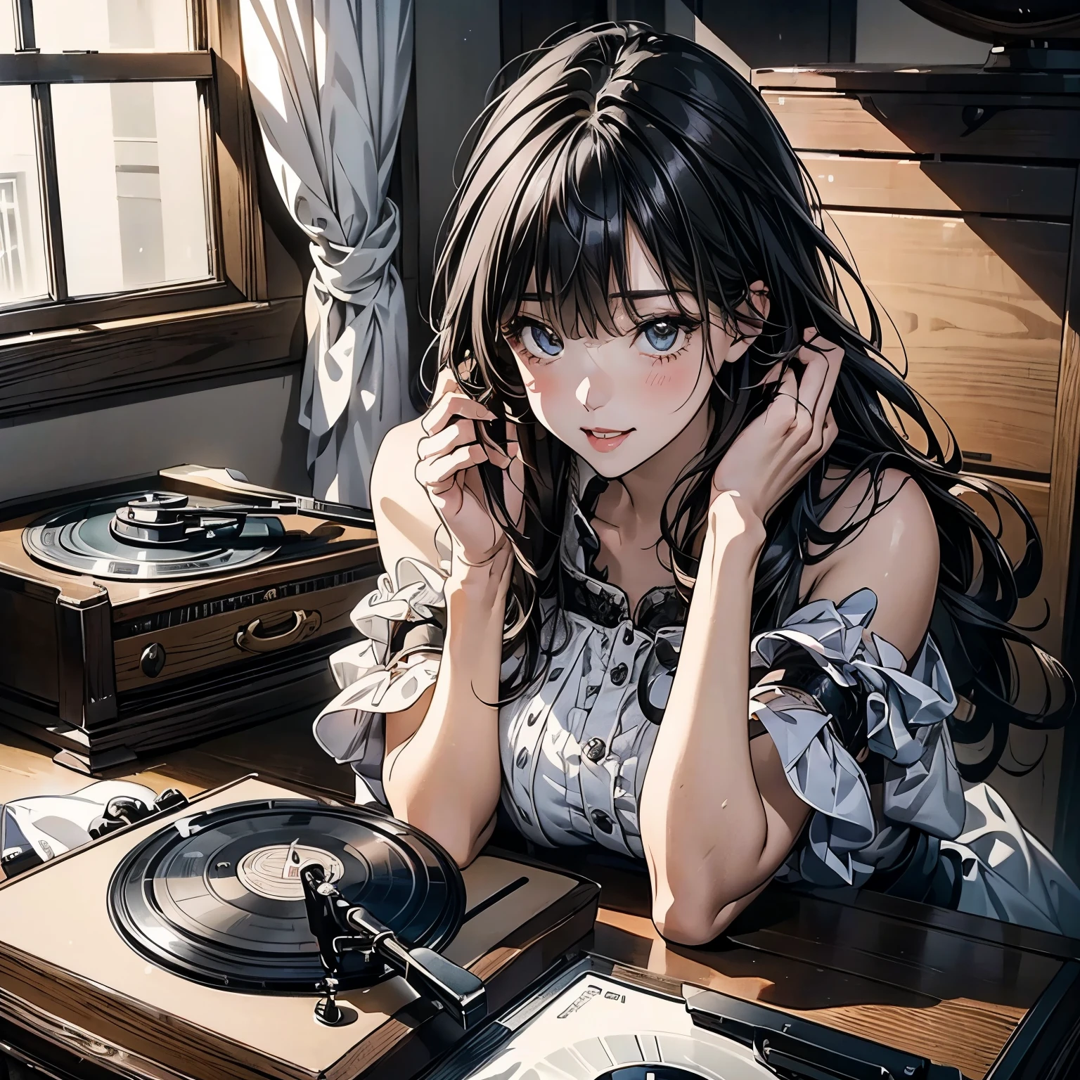 ((masterpiece)), ( best quality ), ( Details), (( large phonograph record player)), (large phonograph record playerを操作している),( not looking at the camera),  ( one girl) ,( a very beautiful woman with a very cute smile ),( Very Beautiful Symmetrical Face ),( Too Beautiful Adult Attractive Woman ),( Adding Strong Highlights to Eyes ), ( hyperreal), (Illustration), ( high definition ), (32K), (非常に Detailsな), (best Illustration), ( eyes with beautiful details ), ( Official Art), {{masterpiece,  best quality ,  extremely detailed CG ,  unity 8k Wallpaper  ,  Movie Lighting}}, ( beautiful and aesthetic :1.2), ( perfect female body from a perspective), ( Soft Body Lines), Antique deskでビンテージのlarge phonograph record playerで音楽を聴いている, (Beautifully crafted gothic phonograph ), Retro, Stylish, cute girl sitting on a chair , Antique desk, ,  panorama ,  Dynamic Angle, ((Desk close up)), Gothic clothing , Quiet and elegant time , (( large phonograph record player))