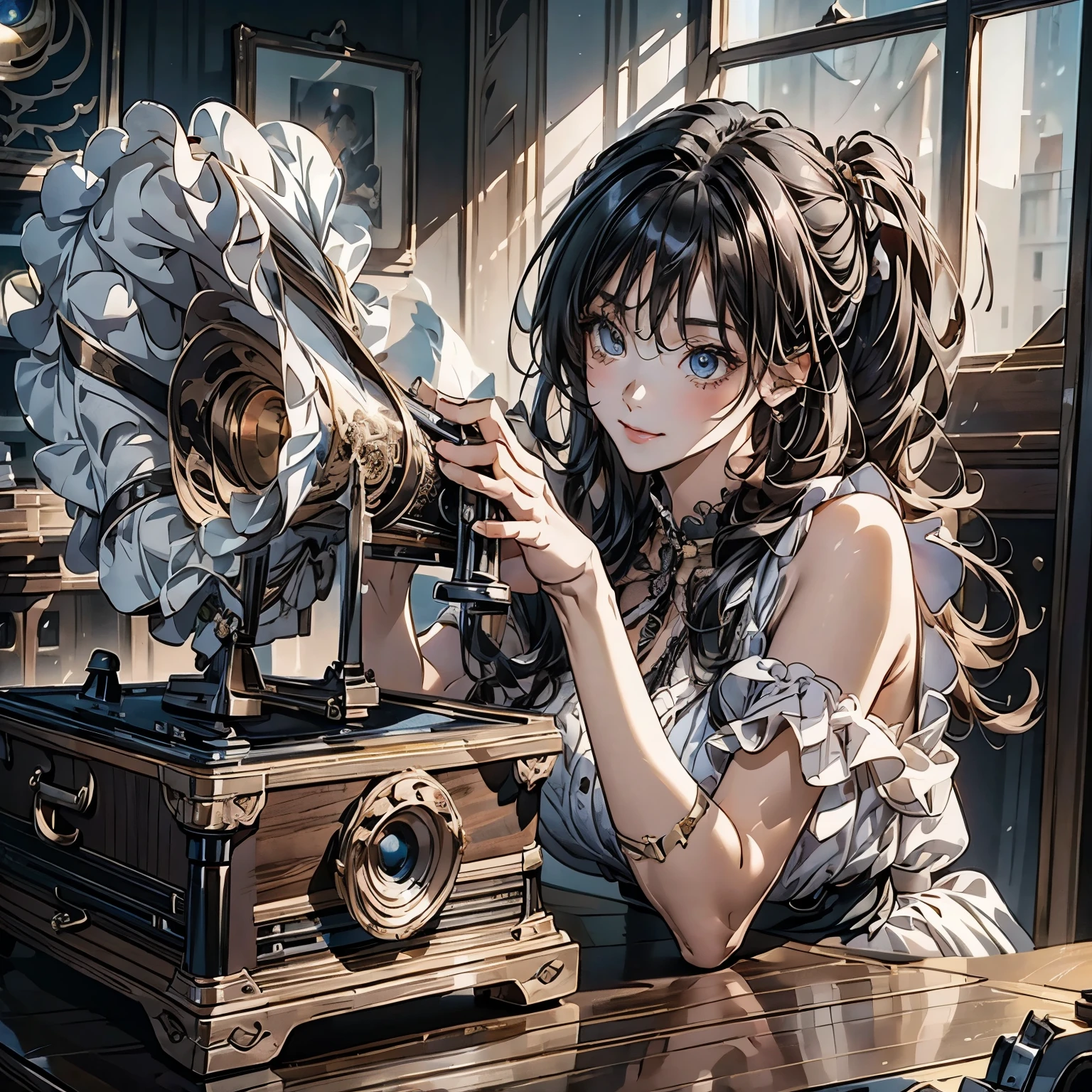 ((masterpiece)), (best quality), (details), ((large phonograph record player)), (operating a large phonograph record player),(not looking at the camera), (one girl),(very beautiful woman with a very cute smile),(very beautiful face with symmetry),(beautiful woman with mature charm),(strong highlights added to the eyes), (hyper-realistic), (illustration), (high resolution), (32k), (highly detailed), (best illustration), (beautiful detailed eyes), (official art), {{masterpiece, best quality, extremely detailed CG, Unity 8k wallpaper, cinematic lighting}}, (beautiful and aesthetic:1.2), (perfect female body), (soft body lines), listening to music on a vintage large phonograph record player at an antique desk, (beautifully crafted gothic phonograph), retro, stylish, cute girl sitting on a chair, antique desk, , panorama, dynamic angle, ((close up desk)), gothic outfit, quiet and elegant time, (( Large phonograph record player))