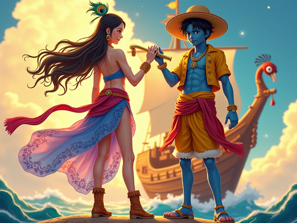 Reimagine Radha and Krishna as characters inspired by Nami and Luffy from One Piece, while retaining their divine essence and iconic traits. Radha, taking inspiration from Nami, has a radiant golden-white glow and a confident, adventurous look. She wears a flowing, asymmetrical transparent outfit that blends her traditional Indian aesthetic with Nami's modern pirate style. Her attire blue and pink colored,includes a celestial top with lotus and wave motifs, a sarong-style transparent skirt with vibrant oceanic hues, and leather boots suited for sea exploration. She wields krishna's iconic flute, but it doubles as a mystical weapon, resonating with enchanting tunes a mystical serene aura softened by a playful and determined expression. Krishna, channeling Luffy’s carefree spirit, has his radiant blue skin and iconic peacock feather but adopts a bold and adventurous look. He wears an open,yellow and red colored, short pirate jacket adorned with lotus and peacock feather patterns, paired with loose dhoti-inspired shorts. His hat is a reimagined pirate straw hat, enhanced with a divine glow and subtle embroidery of cosmic patterns. Krishna carries a sudarshana Chakra, a divine discus, in this finger and a conch shell that glows with divine energy, that embody his playful and commanding nature. The two stand on a vibrant, grand, fantastical ship that reflects both their divine origins and the lively, adventurous spirit of One Piece. The ship's mast and sails are adorned with symbols of their divinity, such as peacocks, lotuses, and cosmic swirls. The backdrop features a vivid sky blending golden sunlight with swirling clouds, creating an epic and harmonious scene of adventure and divinity. Strictly retain radha's and krishna's skin tone and looks with only inspiration from one piece. 
