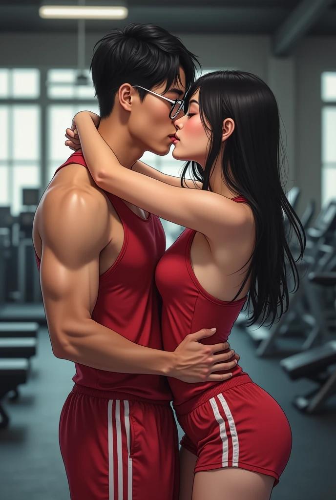 1girl, 1boy, duo, Italian boy with getting force to mate with asian girl, the man is muscular, girl sitting on man laps, girl leans on the man chest, girl arms over man shoulder, man grab girl waist, Tounge kissing, sweating alot, saliva, Drooling, blushed, shiny skin, aroused, the boy is shirtless, boy wearing sweat pants, girl wearing sport bra with sleeves, girl wearing sweat pants, this scene is shoot at the gym, side view,