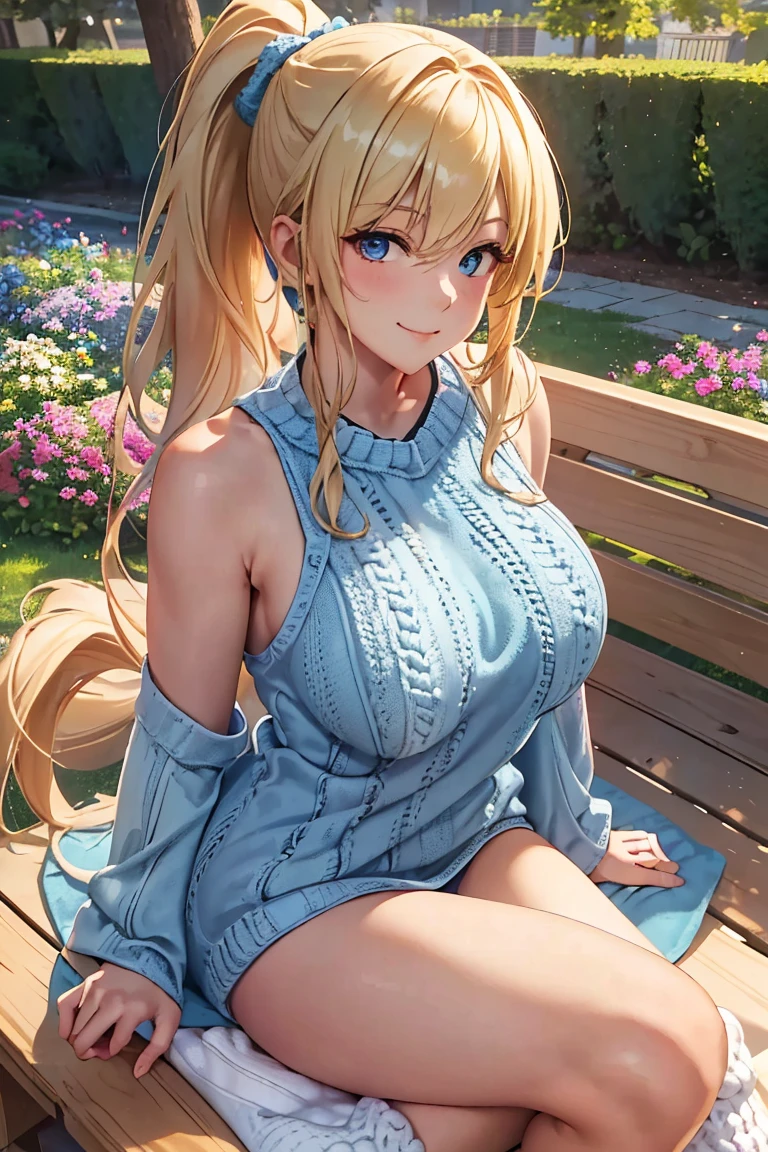 masterpiece,  best quality ,Ultra HD Explained,Full HD,16k, Super resolution , accurate human body,Correct human anatomy, Serene Atmosphere , smile,((Early Afternoon,garden,Wooden bench)),(((( relaxed:1.8)))),  one woman:2.0, watching viewers ,((Blonde,Long Hair_  ponytail_blueのリボン,blueの瞳)),( open your eyes,Tall,Sexy and attractive body _ smiles that invite men far beyond their age :1.5, thin:1.6,Long legs,Beautiful ass) ((Abnormally large breasts_K-Cup_ beautifully shaped breasts )),(((knit_crochet socks_blue))),,German,Colours of the 90s,Wide Angle Upward Shot , Extreme Angle, focus on the chest :1.4,Calm scene.