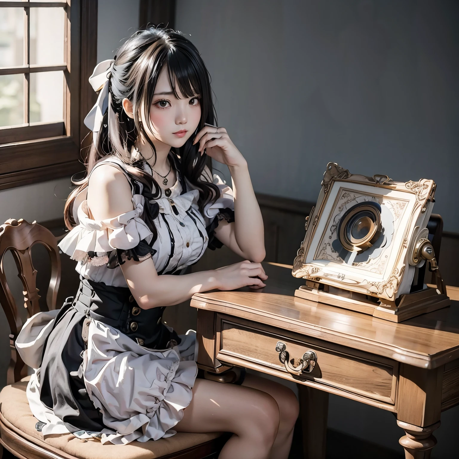 Antique deskでビンテージのフォノグラフレコードプレーヤーで音楽を聴いている, (Beautifully crafted gothic phonograph ), Retro, Stylish, cute girl sitting on a chair , Antique desk,  panorama